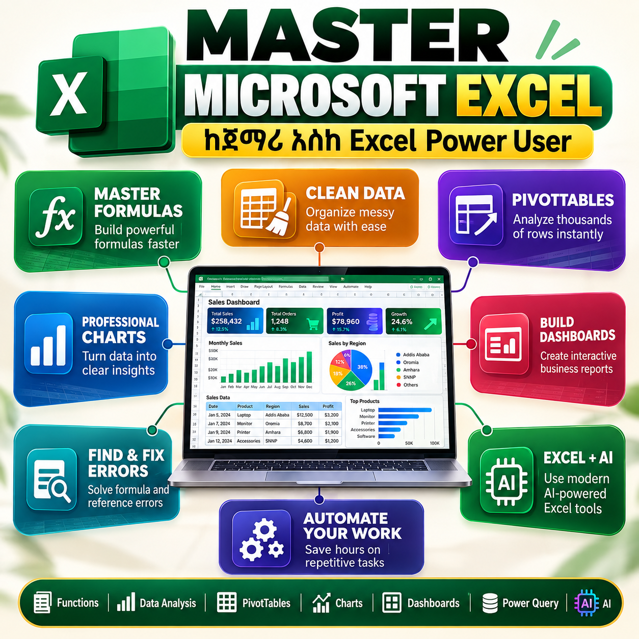 Bright Ideas Facebook ad: Excel ን ከመሠረቱ እስከ Advanced Level ይማሩ!