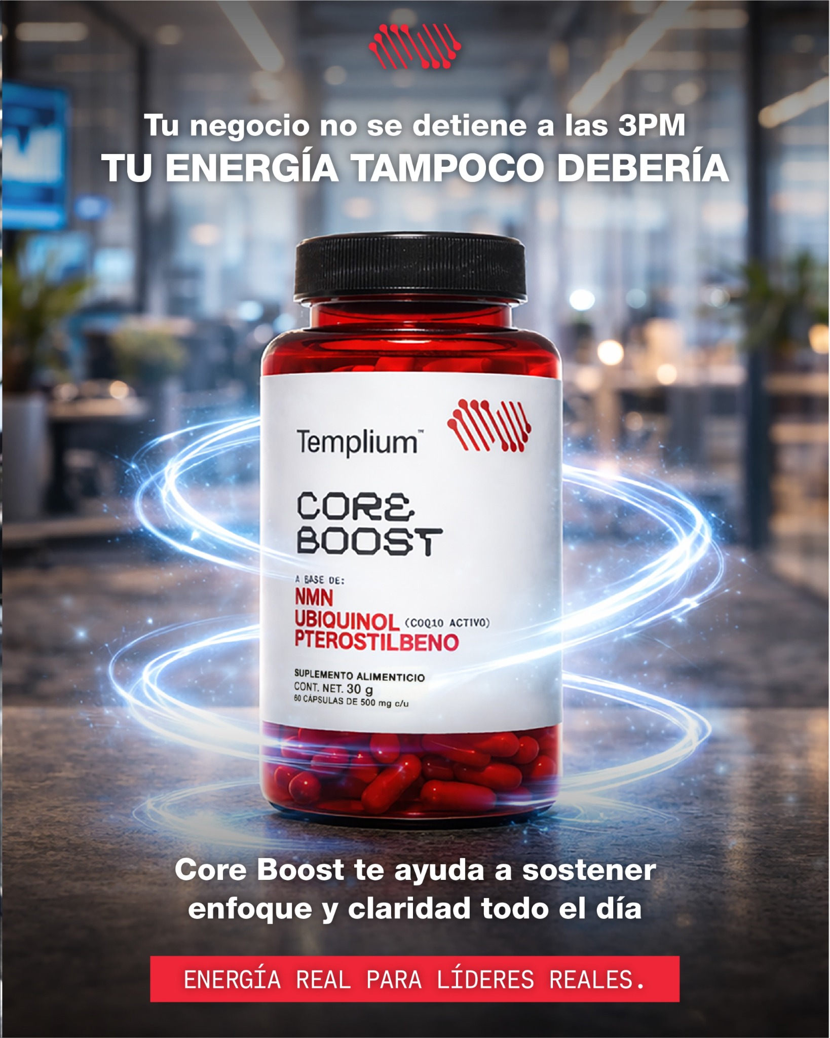 Templium Facebook ad: Depender del café no es energía real.