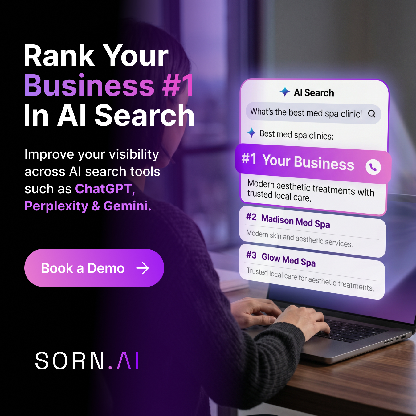 Sorn.ai Facebook ad: Rank Your Business #1 In ChatGPT, Perplexity & other AI…
