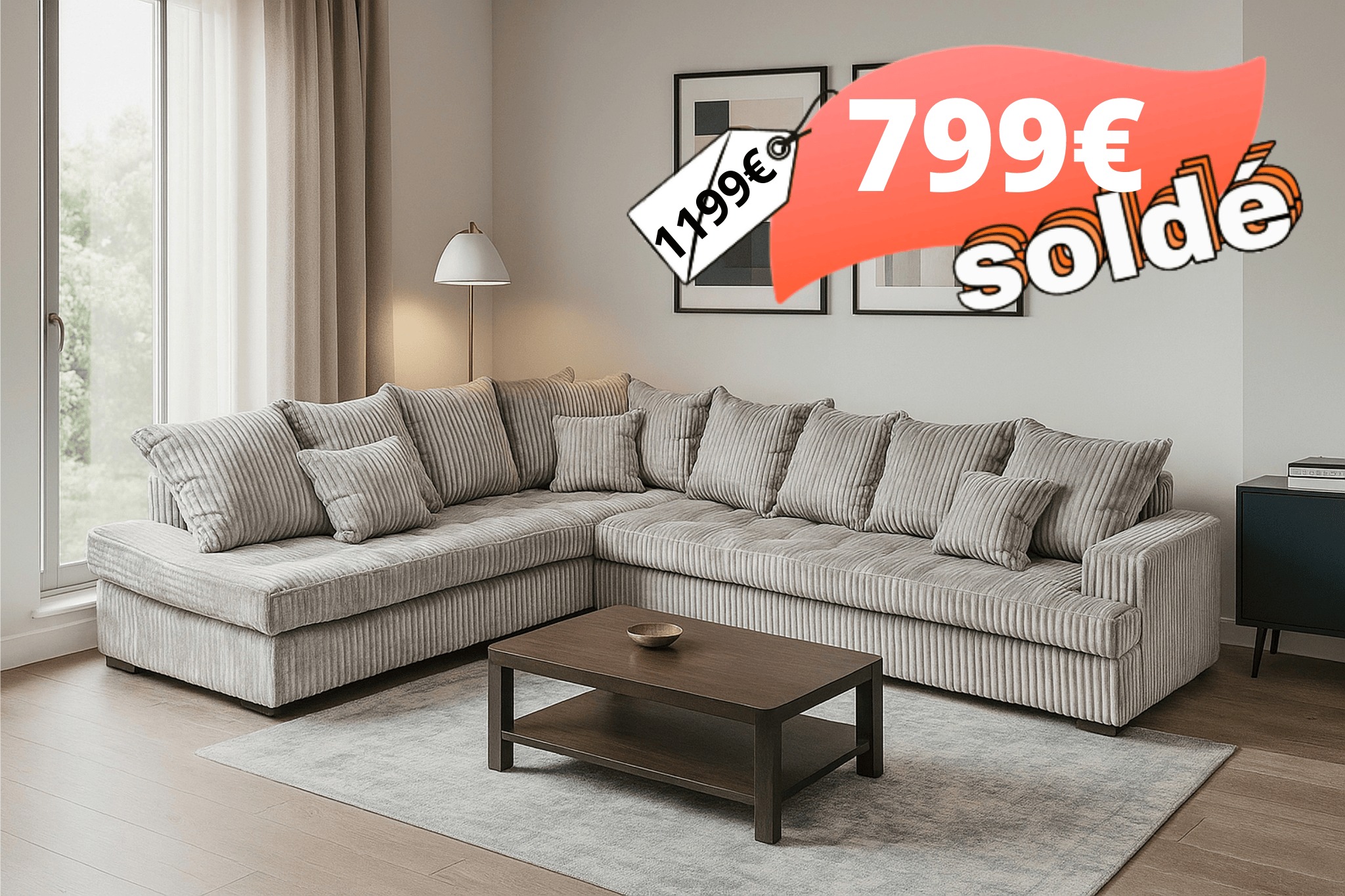 Meubles écureuil Facebook ad: Salon d’angle en microfibre velours côtelé avec tous…