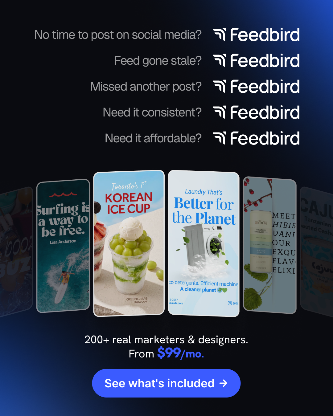 Feedbird Facebook ad: Social media, handled - $99/mo