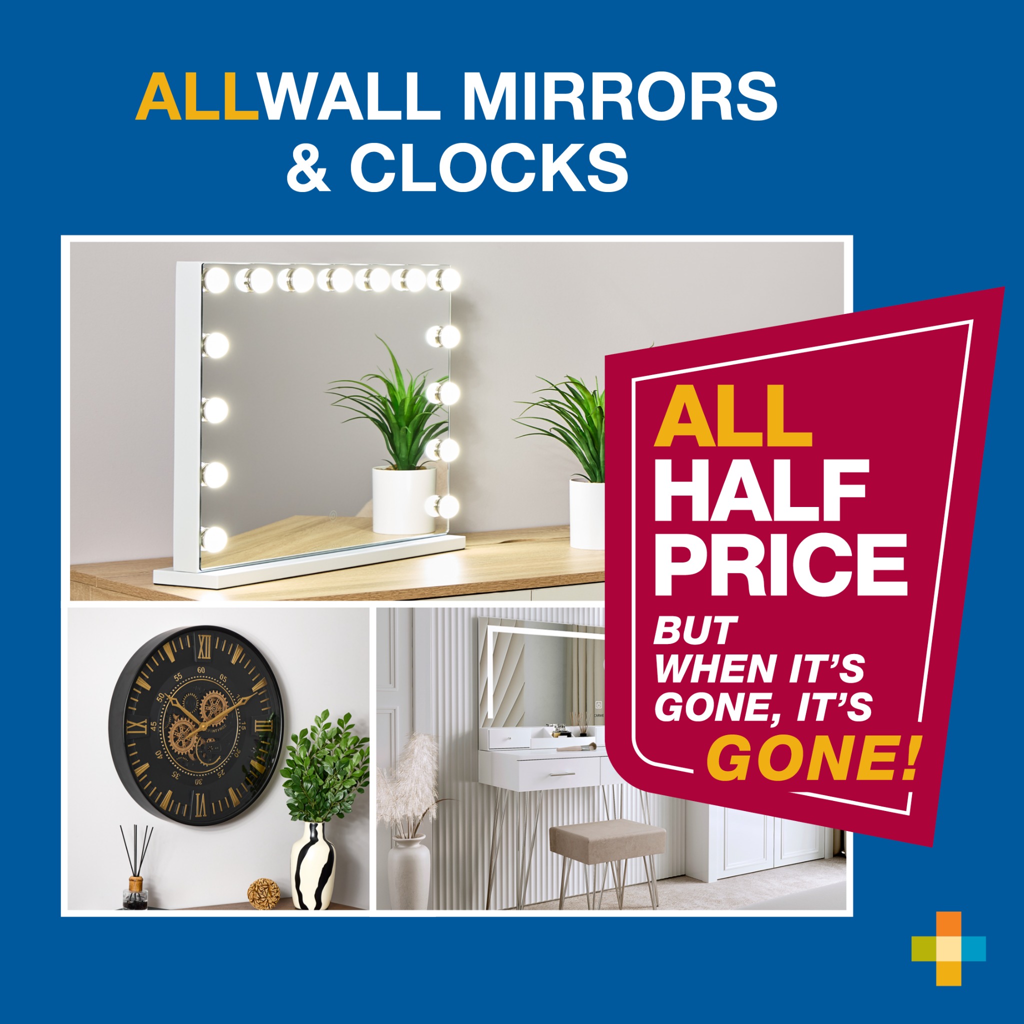 homestore and more Facebook ad: ALL WALL MIRRORS & CLOCKS - ALL HALF PRICE
