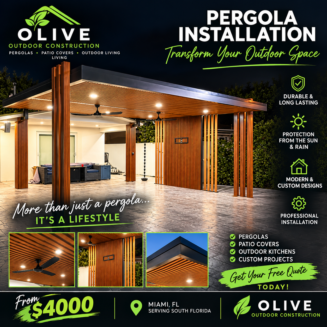 Olive Outdoor Construction Facebook ad: Custom Pergolas Designed for Your Outdoor Space