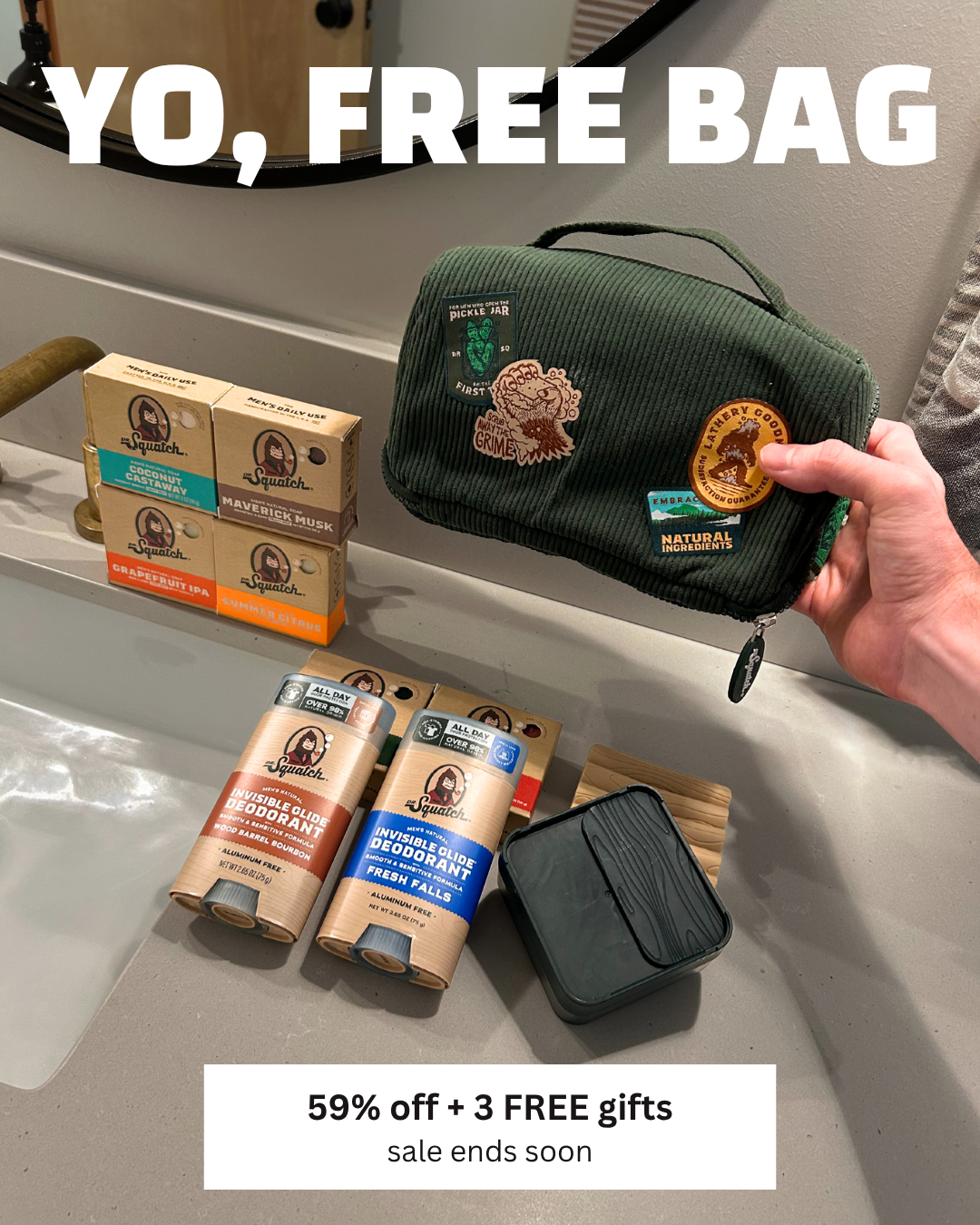 Dr. Squatch Facebook ad: 3 FREE GIFTS + 59% OFF