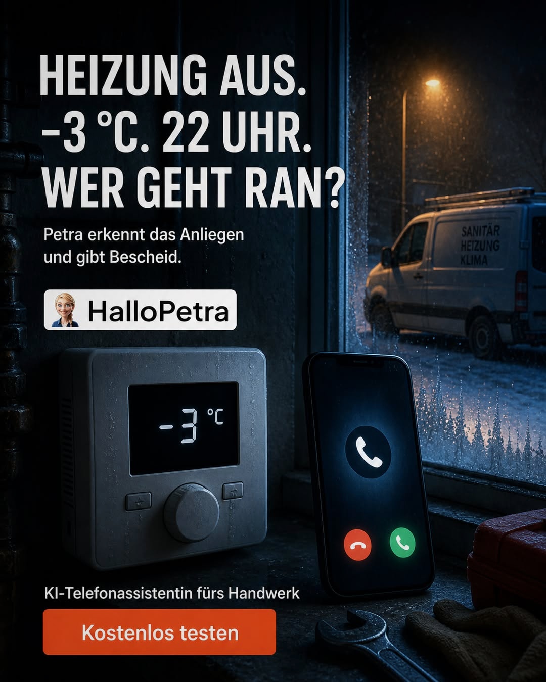 HalloPetra.de Facebook ad: Petra geht ran. Auch um 22 Uhr.