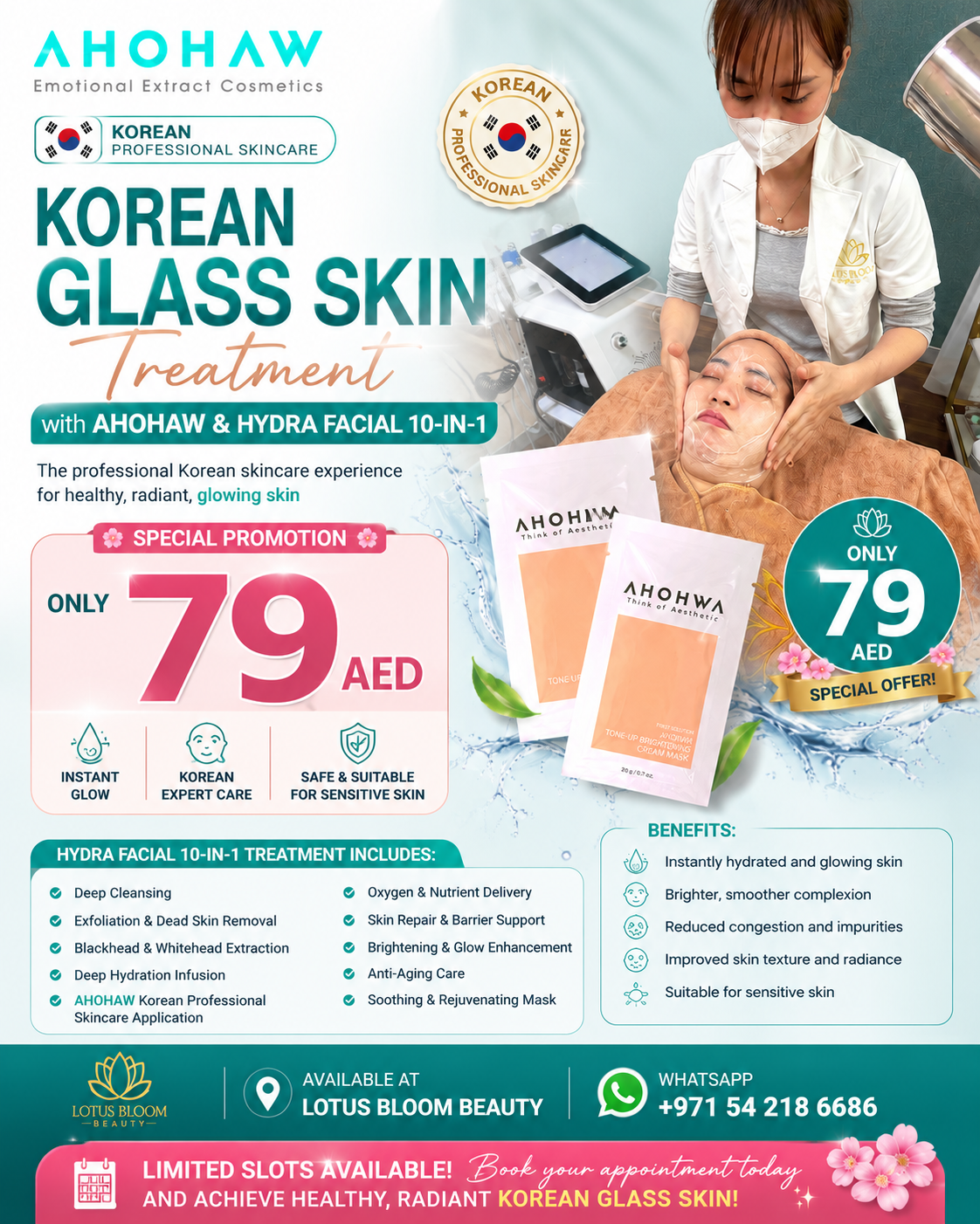 Lotus Bloom Beauty Facebook ad: Only 79 AED with AHOHAW & Hydra Facial 10-in-1