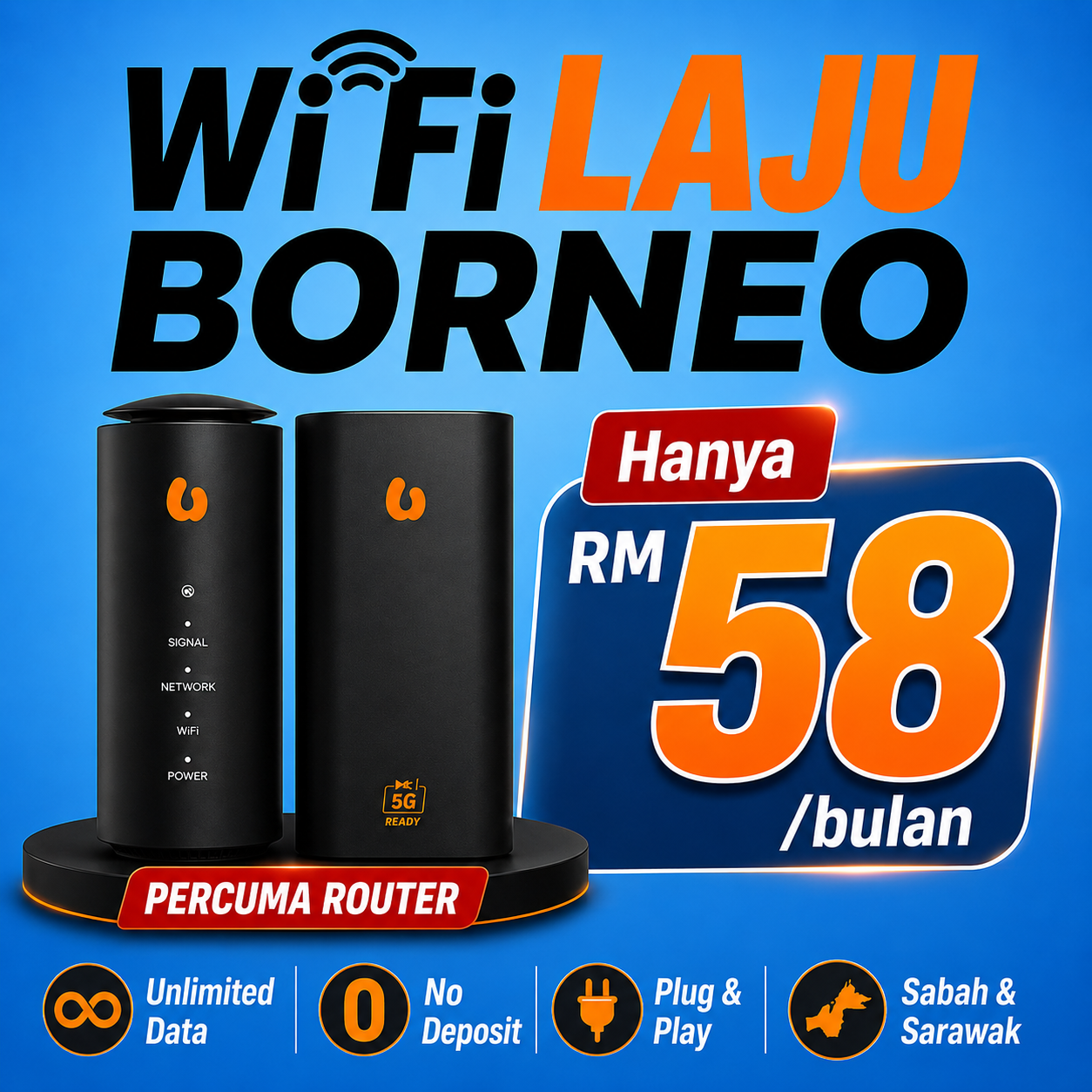 Ultra Wifi Borneo Facebook ad: Internet Laju & Murah di Borneo一 RM58/bln