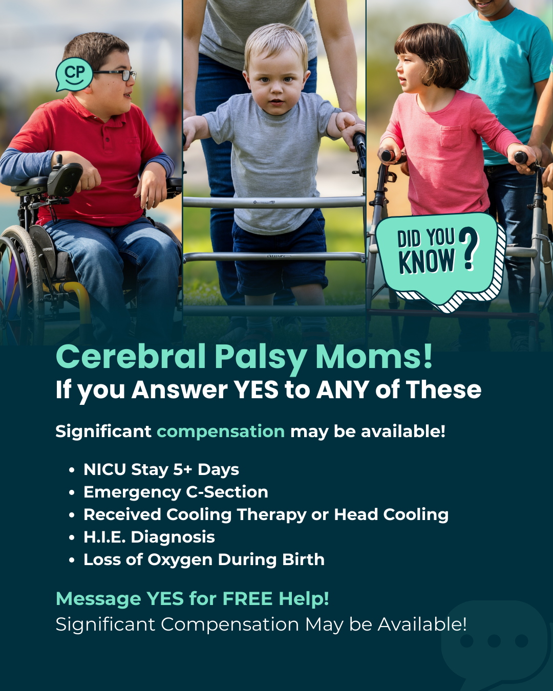 Cerebral Palsy Family Help Facebook ad: Msg YES for FREE Help!