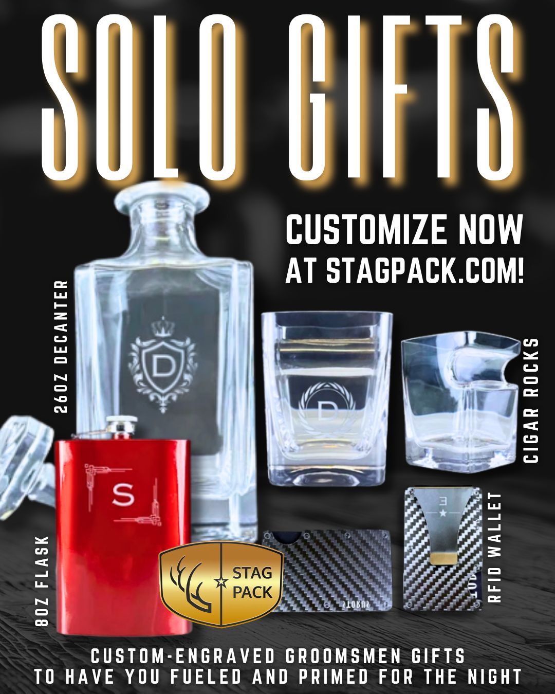 Stag Pack Shop Facebook ad: Solo Groomsmen Gifts | Stag Pack Custom Engraved Gifts for…
