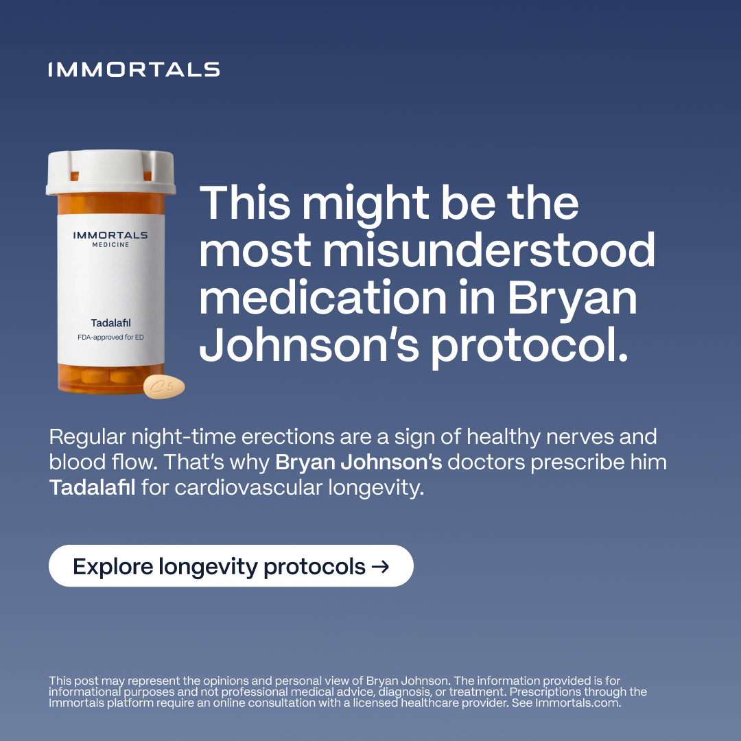 Immortals Longevity Facebook ad: Build your longevity protocol like Bryan Johnson.