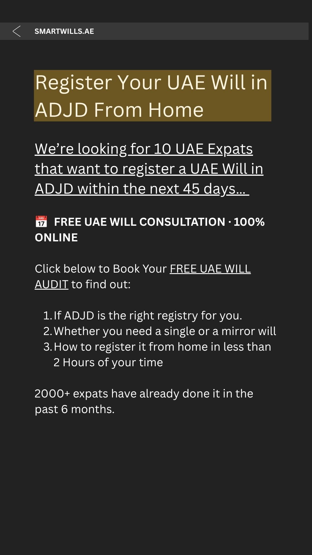 SmartWills UAE Facebook ad: Register Your UAE Will From Home