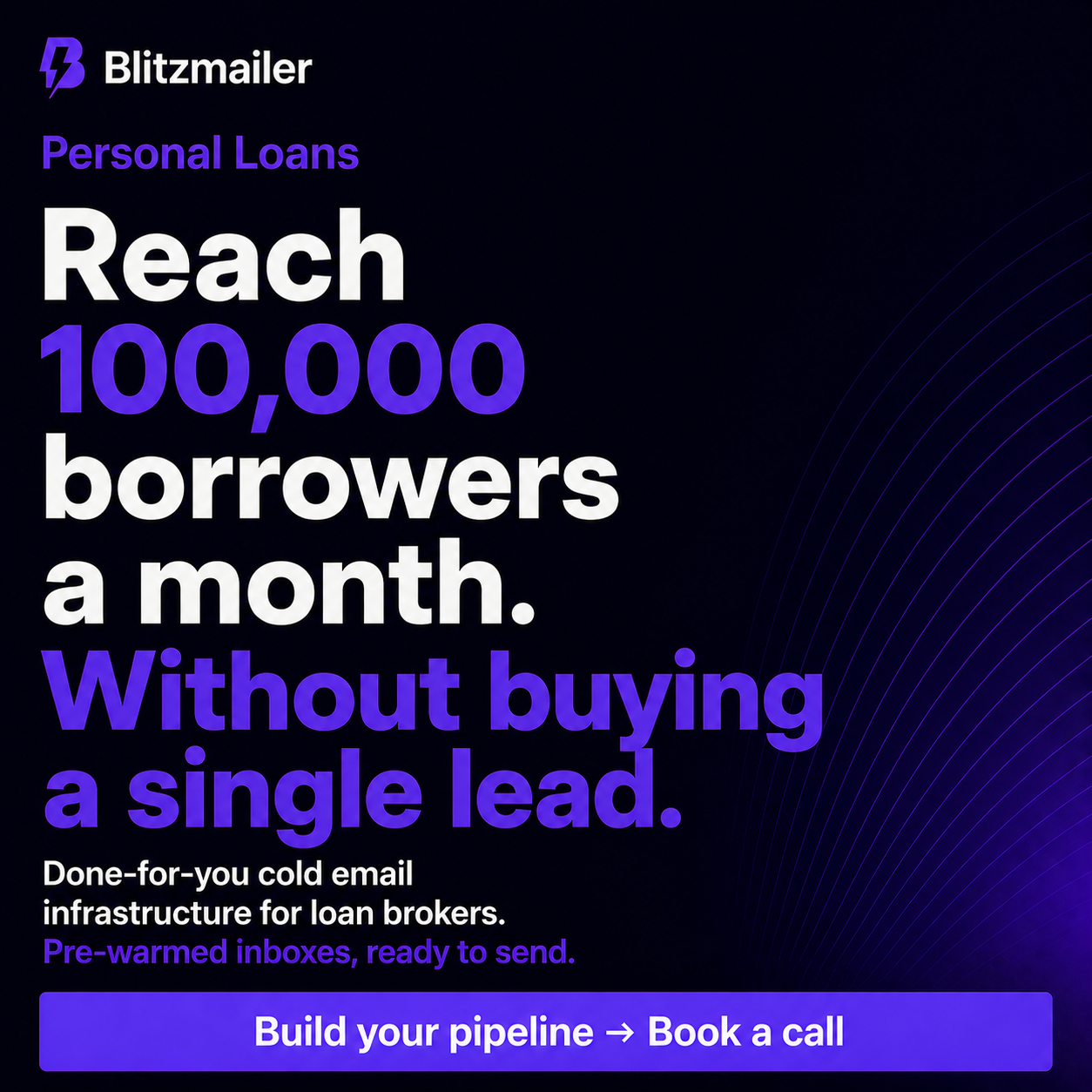 Blitz Mailer Facebook ad: 100,000 borrowers a month. Zero leads bought.