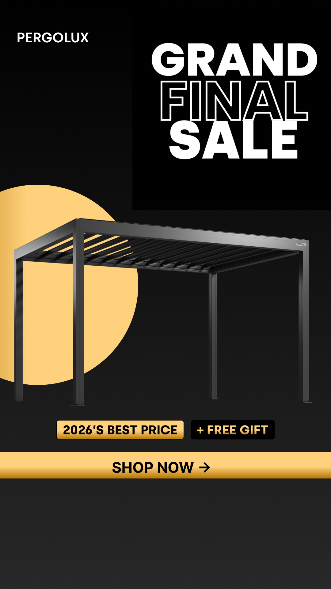 pergolux.au Facebook ad: Stock Moving Fast, Shop Now