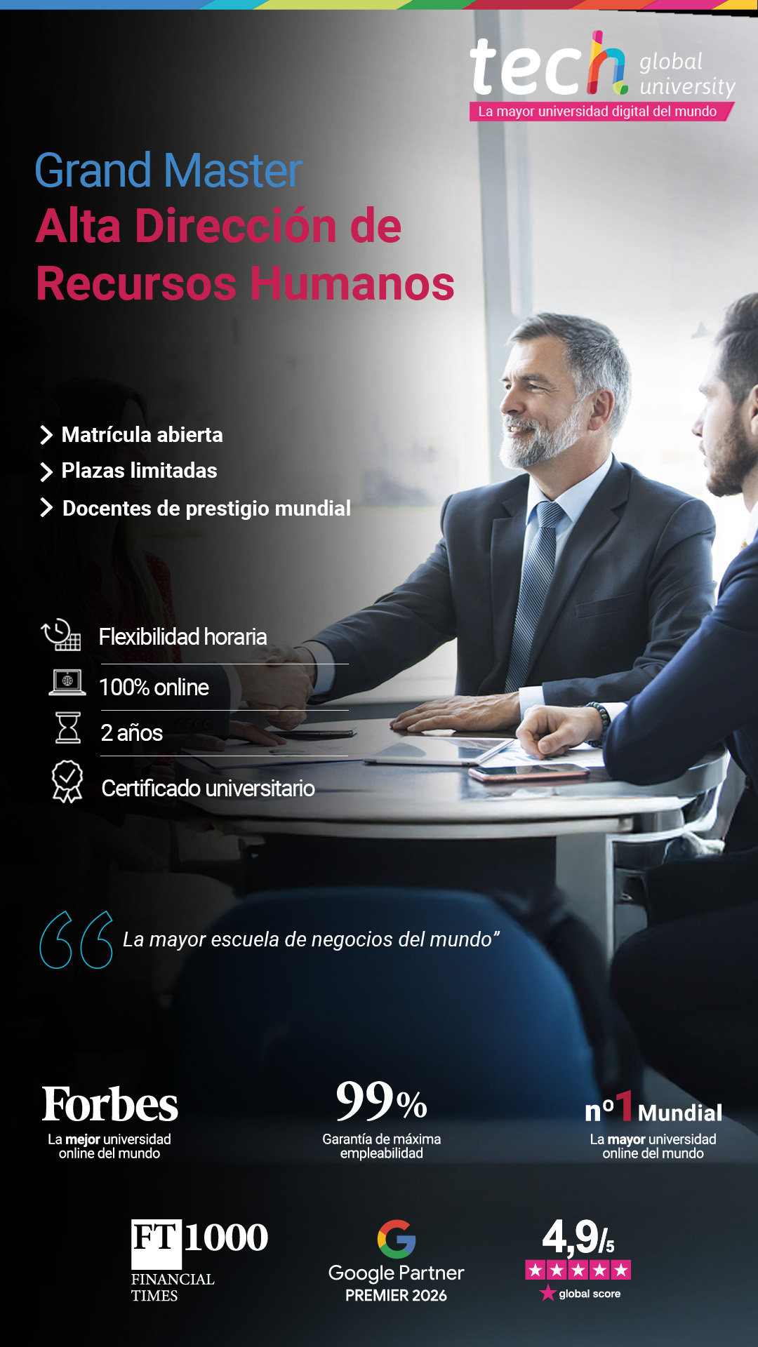 TECH school of business Facebook ad: Grand Master en Alta Dirección de Recursos Humanos