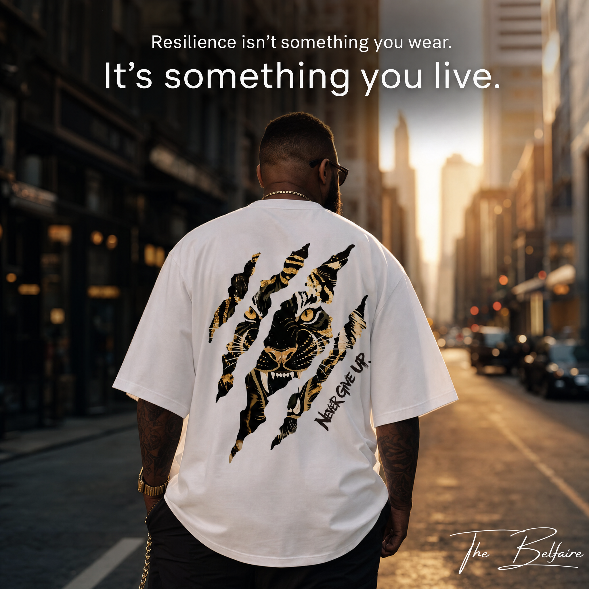 The Belfaire Facebook ad: Never Give Up Oversized Tee