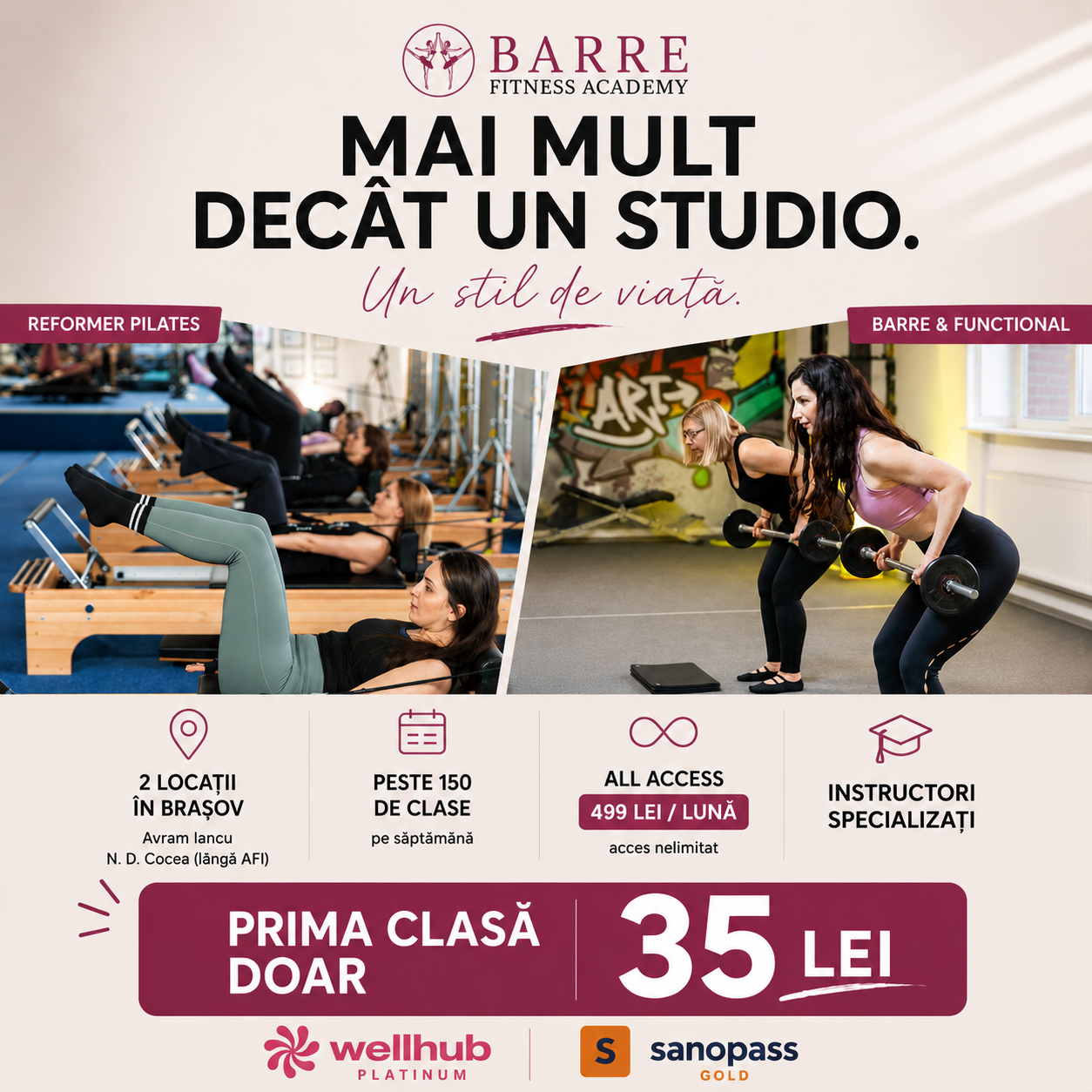 Barre Fitness Academy - Brașov A. Iancu Facebook ad: Prima clasă doar 35 lei