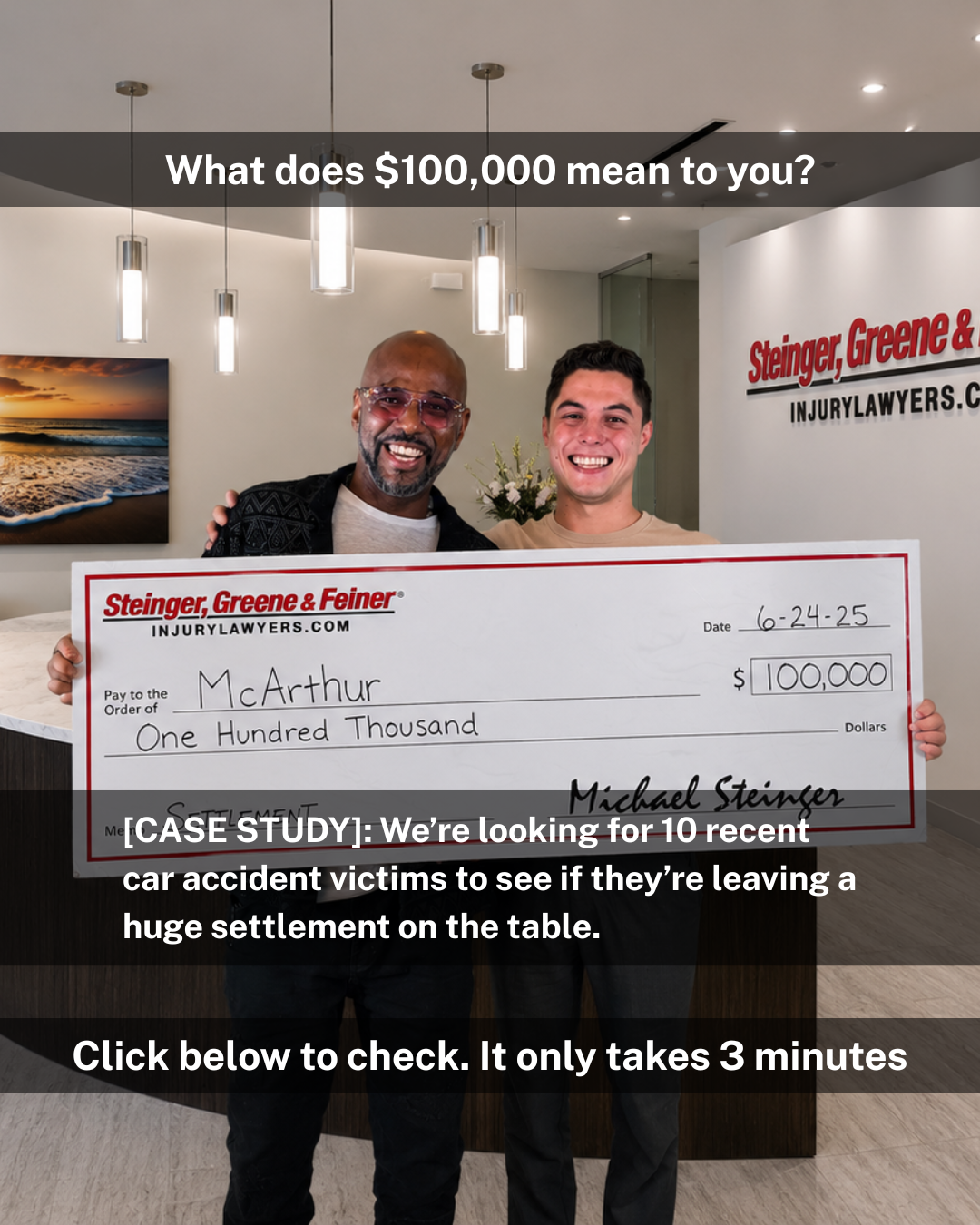 Steinger, Greene & Feiner Injury Lawyers Facebook ad: See if you have a case today!
