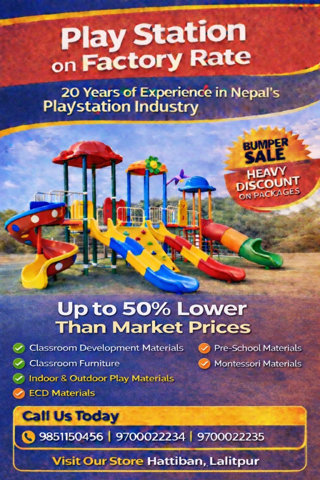 Pre-School Materials & Playground Equipment Facebook ad: BUMPER SALE, PLAYGROUND & SCHOOL MATERIALS
