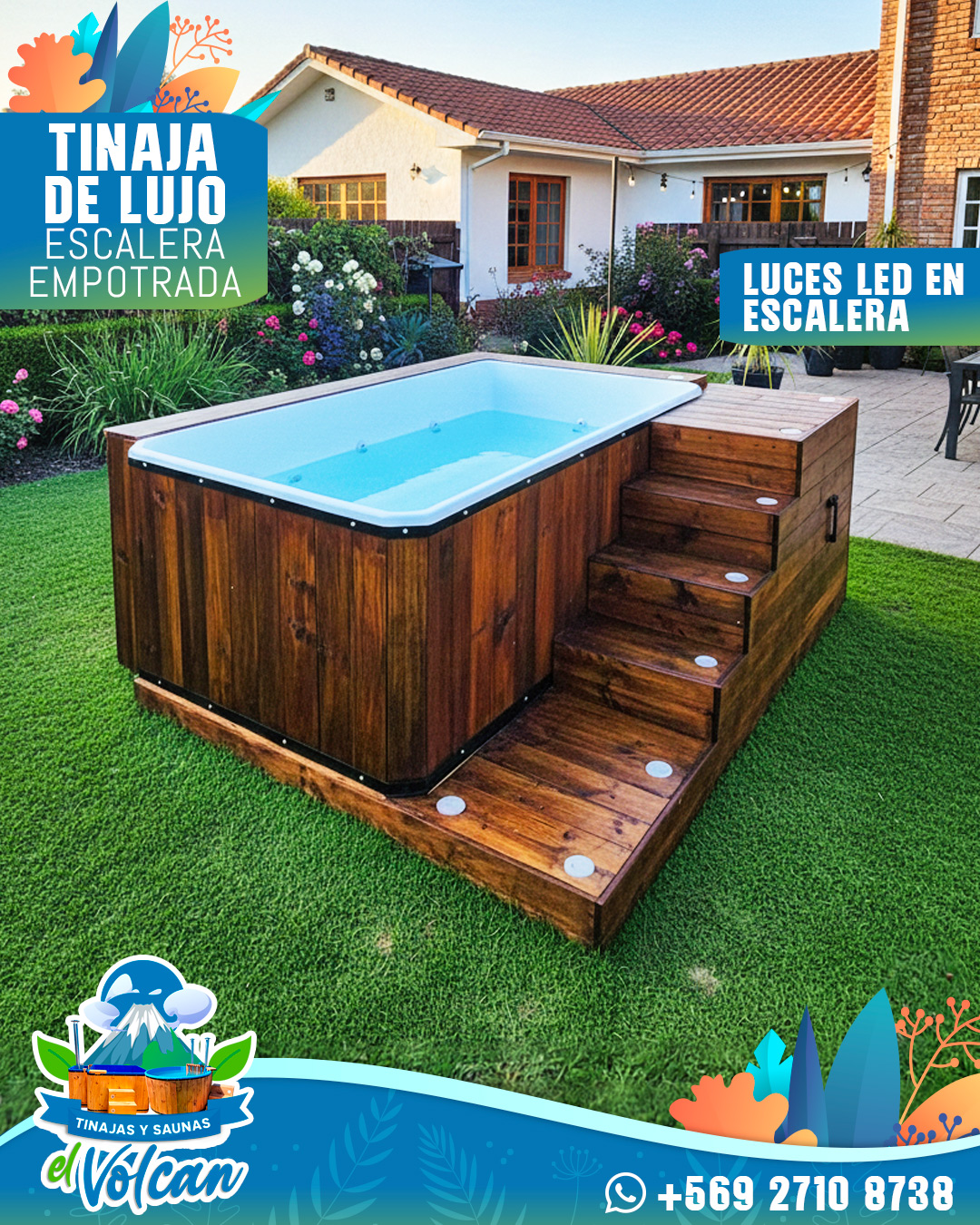Tinajas y Saunas El Volcán Facebook ad: Nuestras tinajas rectangulares con escalera empotrada…