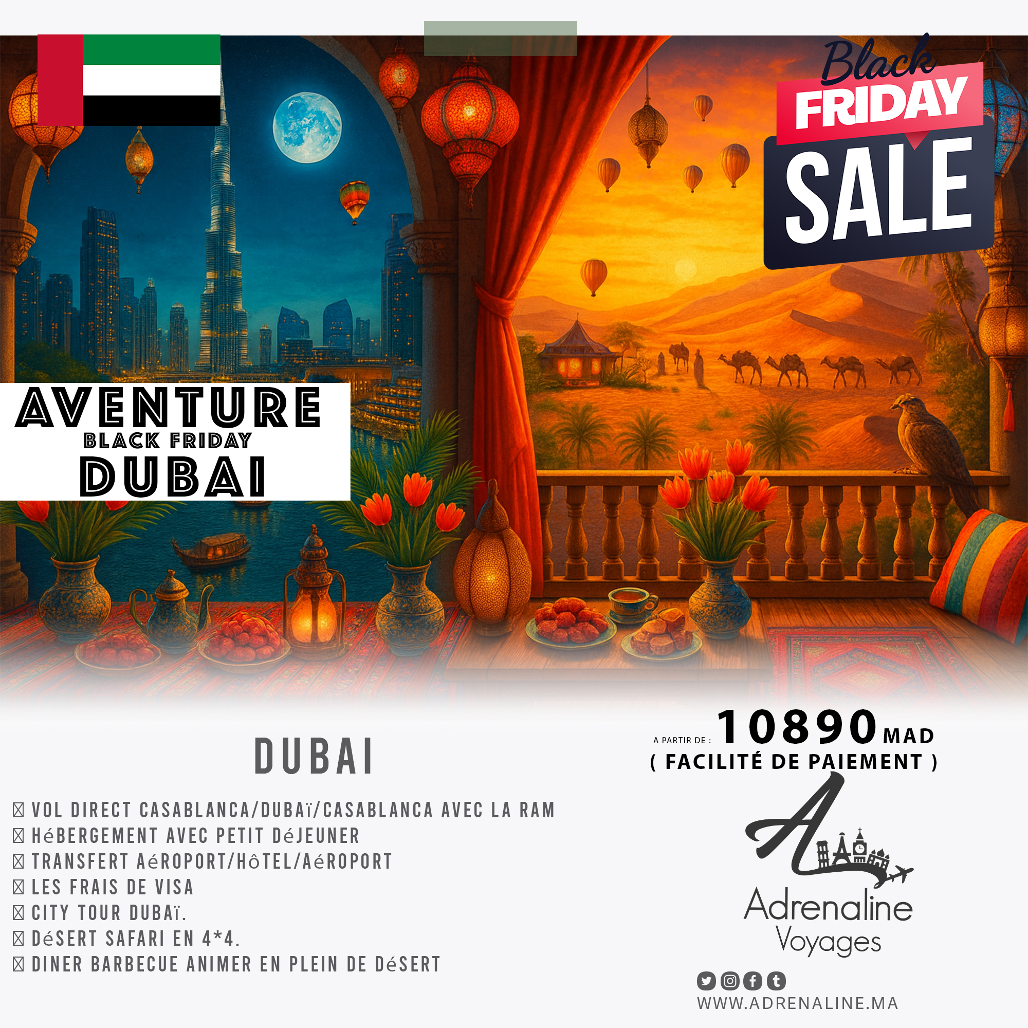 Adrénaline Voyages Facebook ad: 1 - Vivez la magie de Dubaï entre…