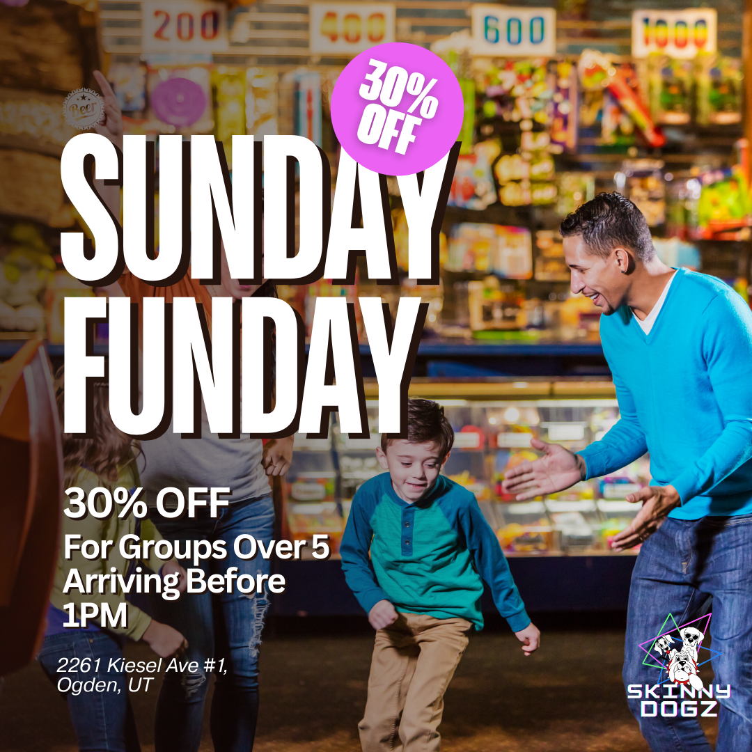 Skinny Dogz Facebook ad: Sunday Funday, 30% OFF groups over 5 before 1pm