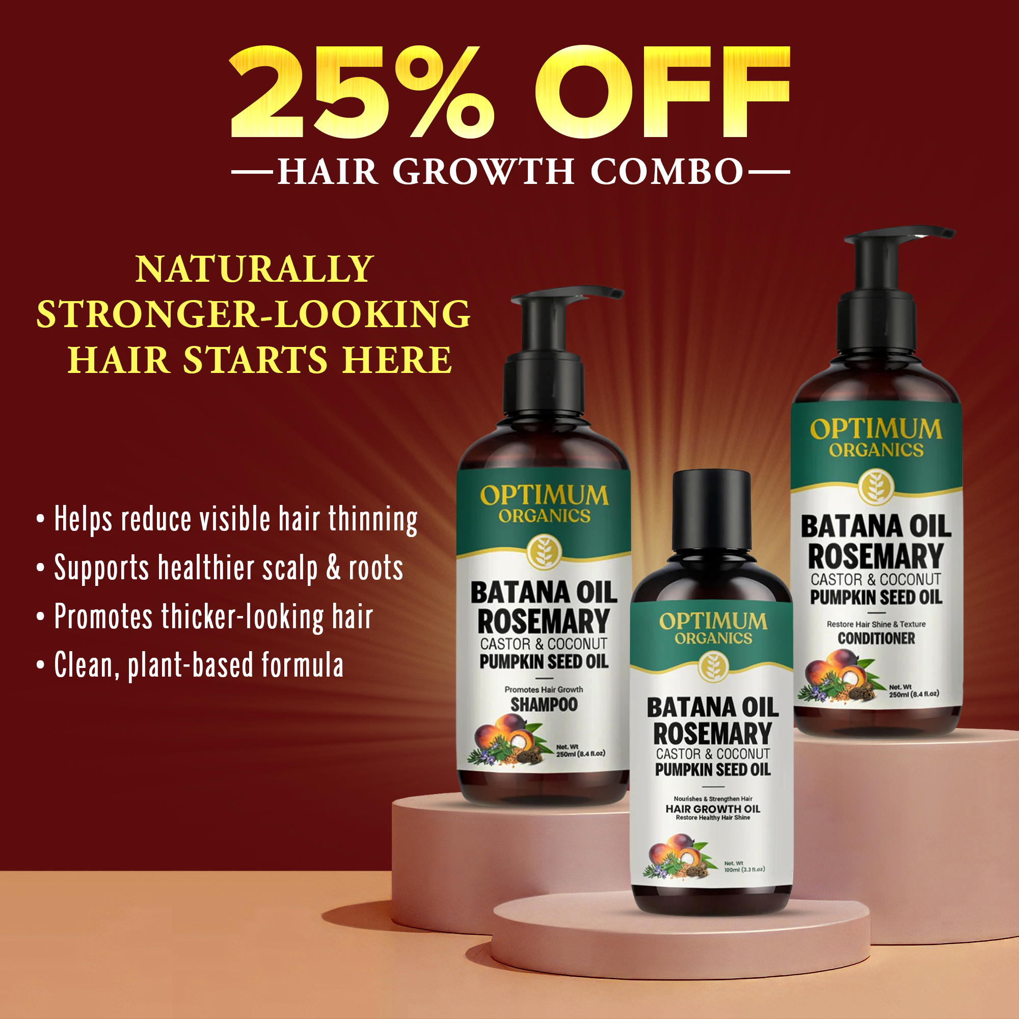 Optimum Organics Australia Facebook ad: 25% OFF Hair Growth System