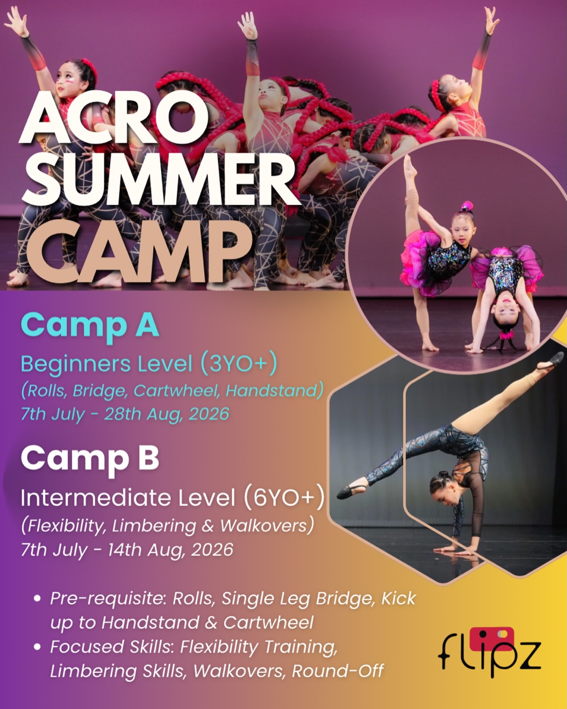 Flipz Studio Facebook ad: Two Levels of Summer Camps will be provided…