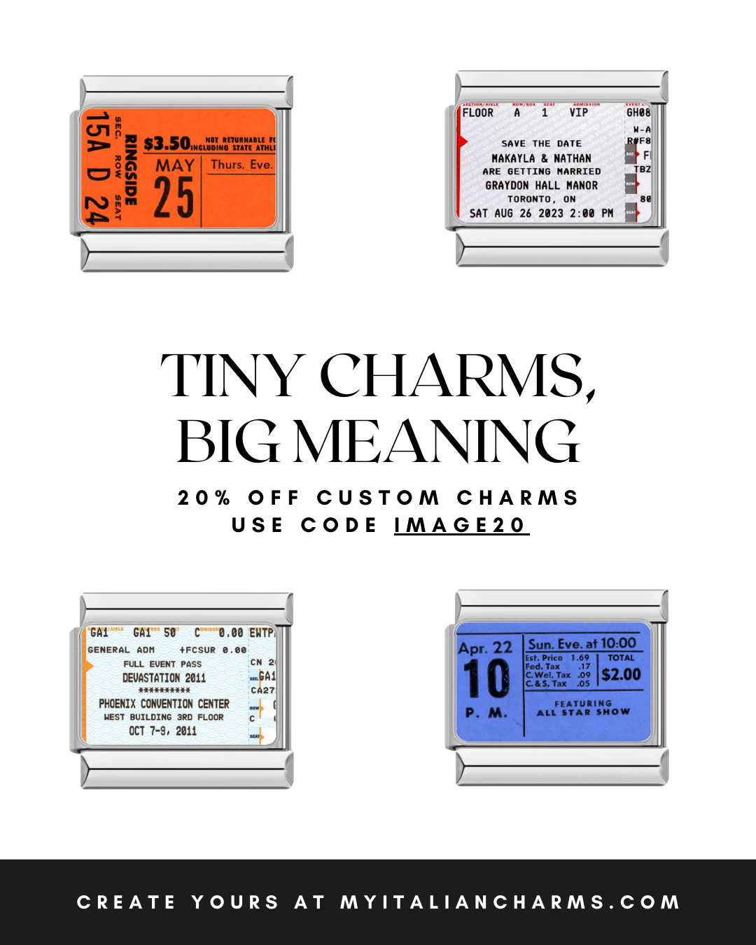 Italian Charms Facebook ad: 20% Off Custom Charms!