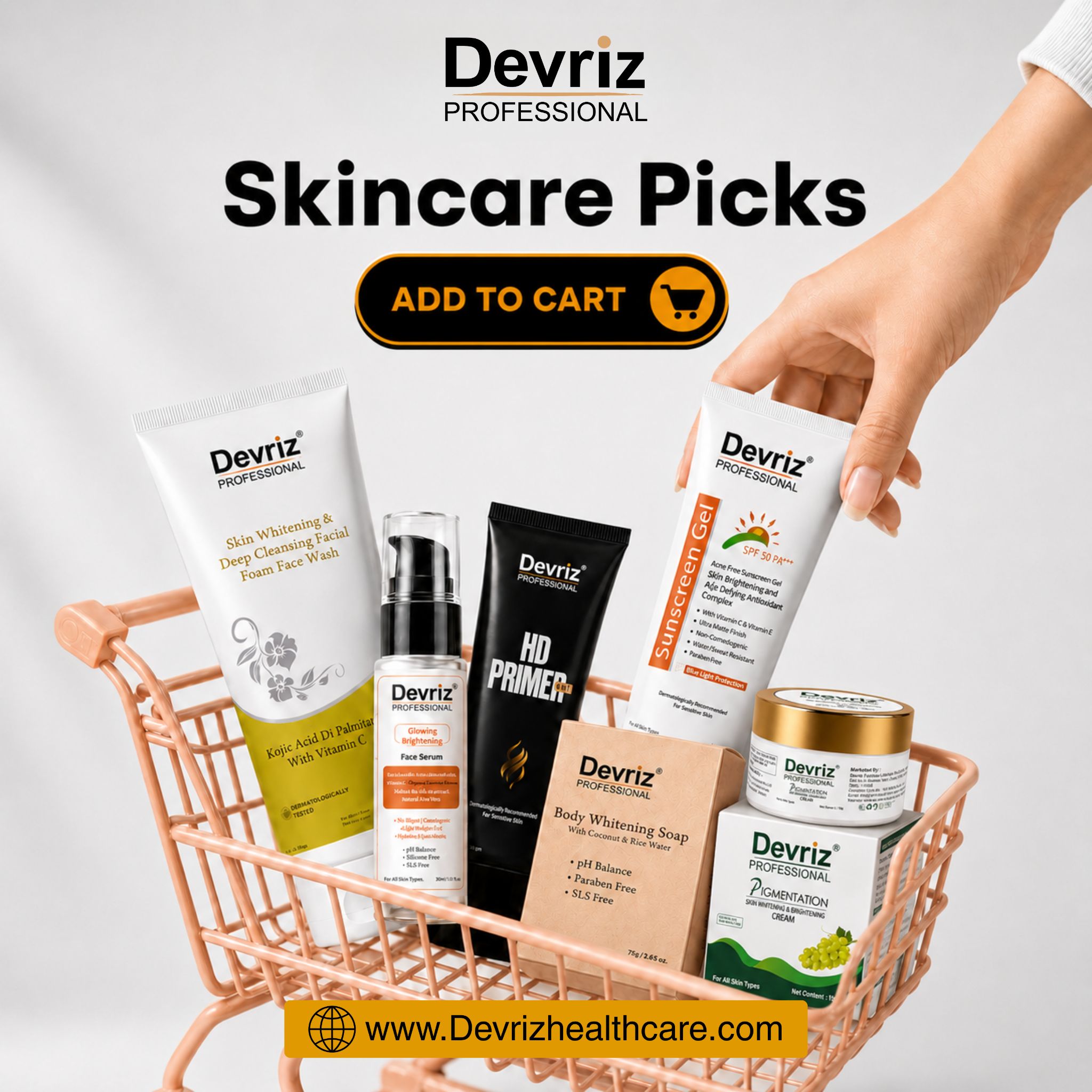 Ecommercedevrizhealthcare Facebook ad: Skincare Picks, Add to Cart at Devriz!