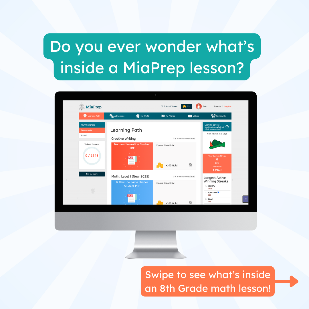 MiaPrep Learning Facebook ad: MiaPrep’s 7th-12th grade homeschool lessons give you a…