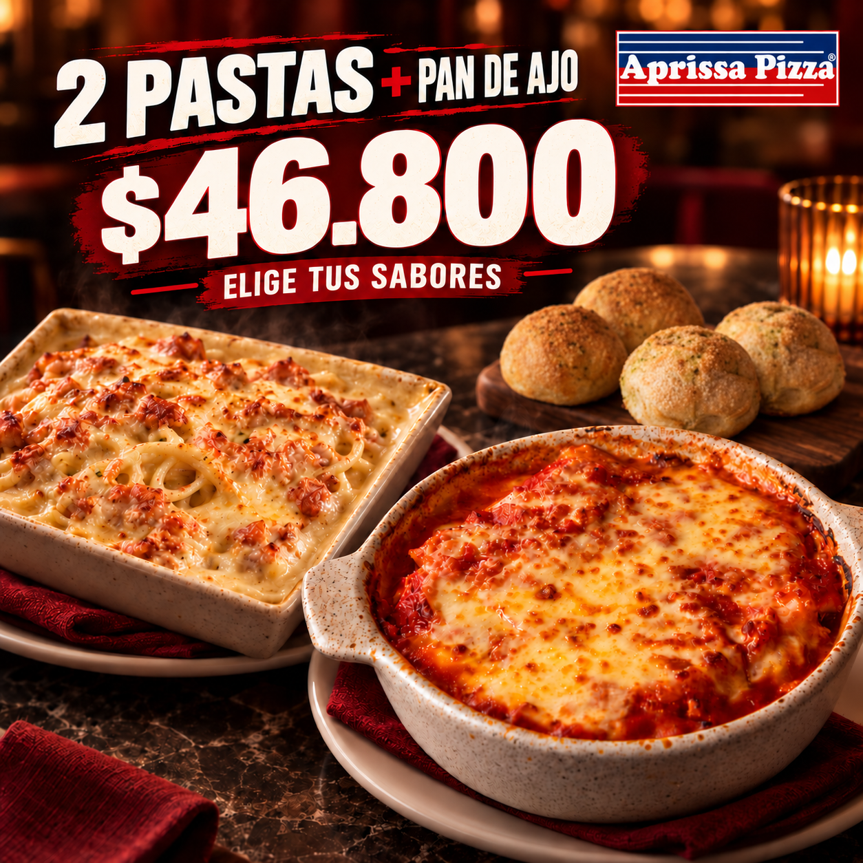 AprissaPizza Facebook ad: 2 pastas + pan de ajo por $46.800