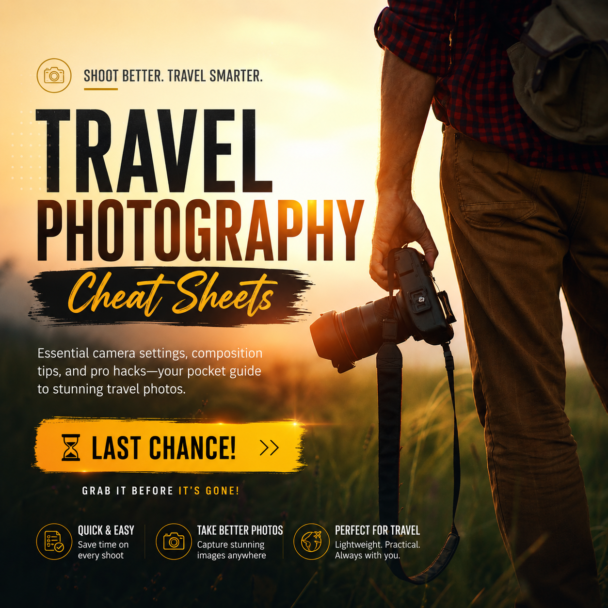 PictureCorrect Photography Tips Facebook ad: Flash Sale! Travel Photography Cheat Sheets