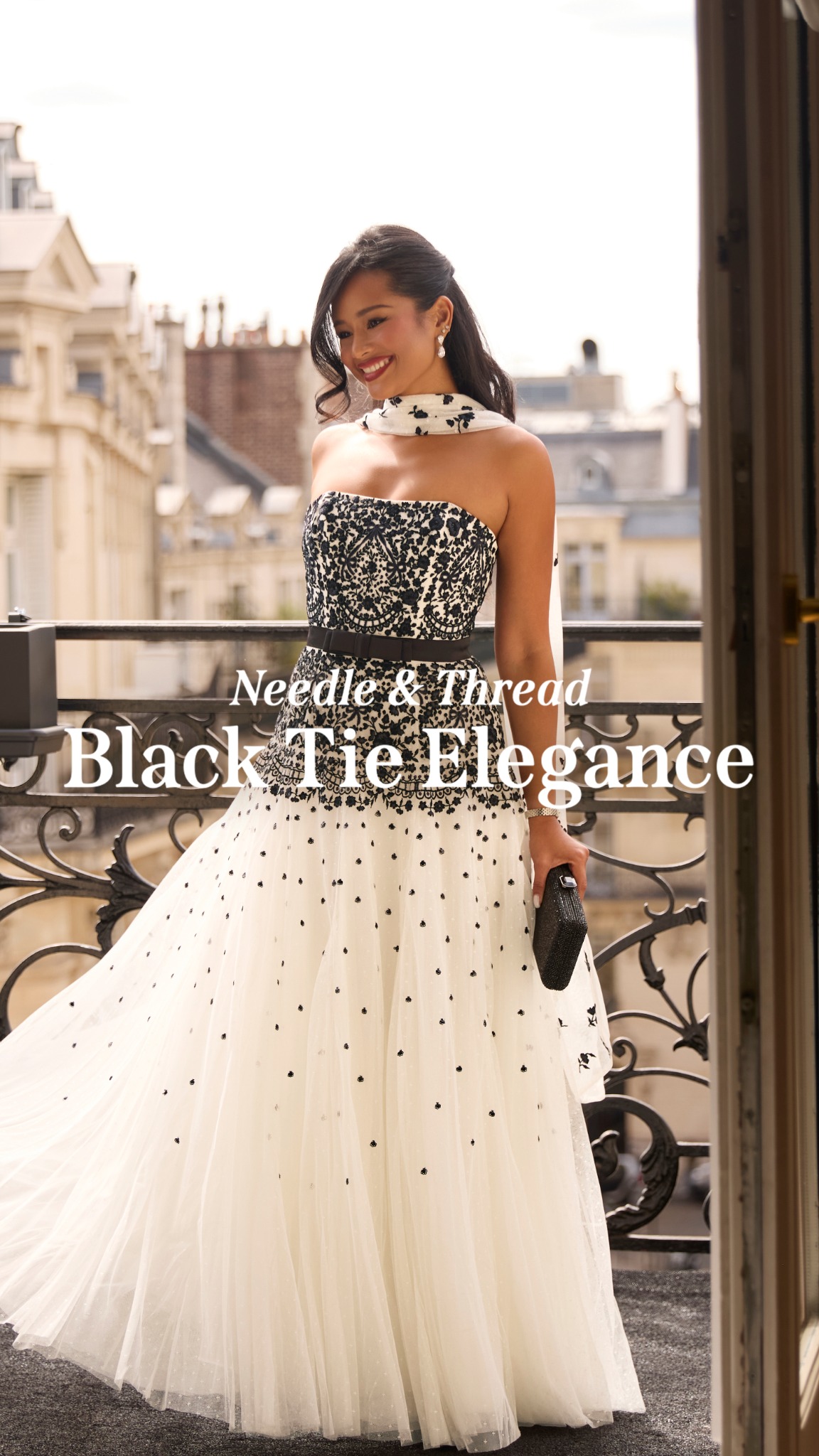 Needle & Thread Facebook ad: Welcome the evening with beautifully embellished dresses…