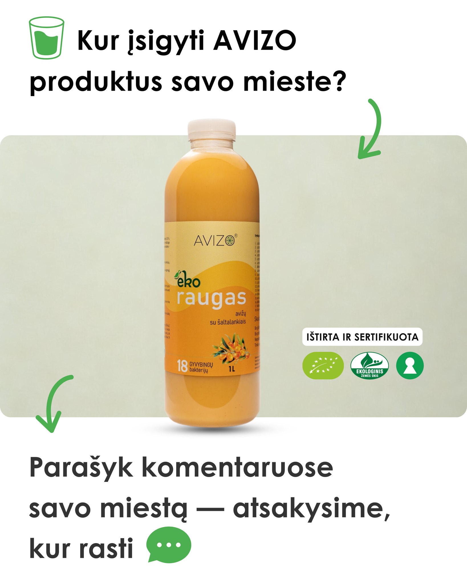 AVIZO Probiotics Facebook ad: Ekologiški raugai ir fermentuoti gėrimai.