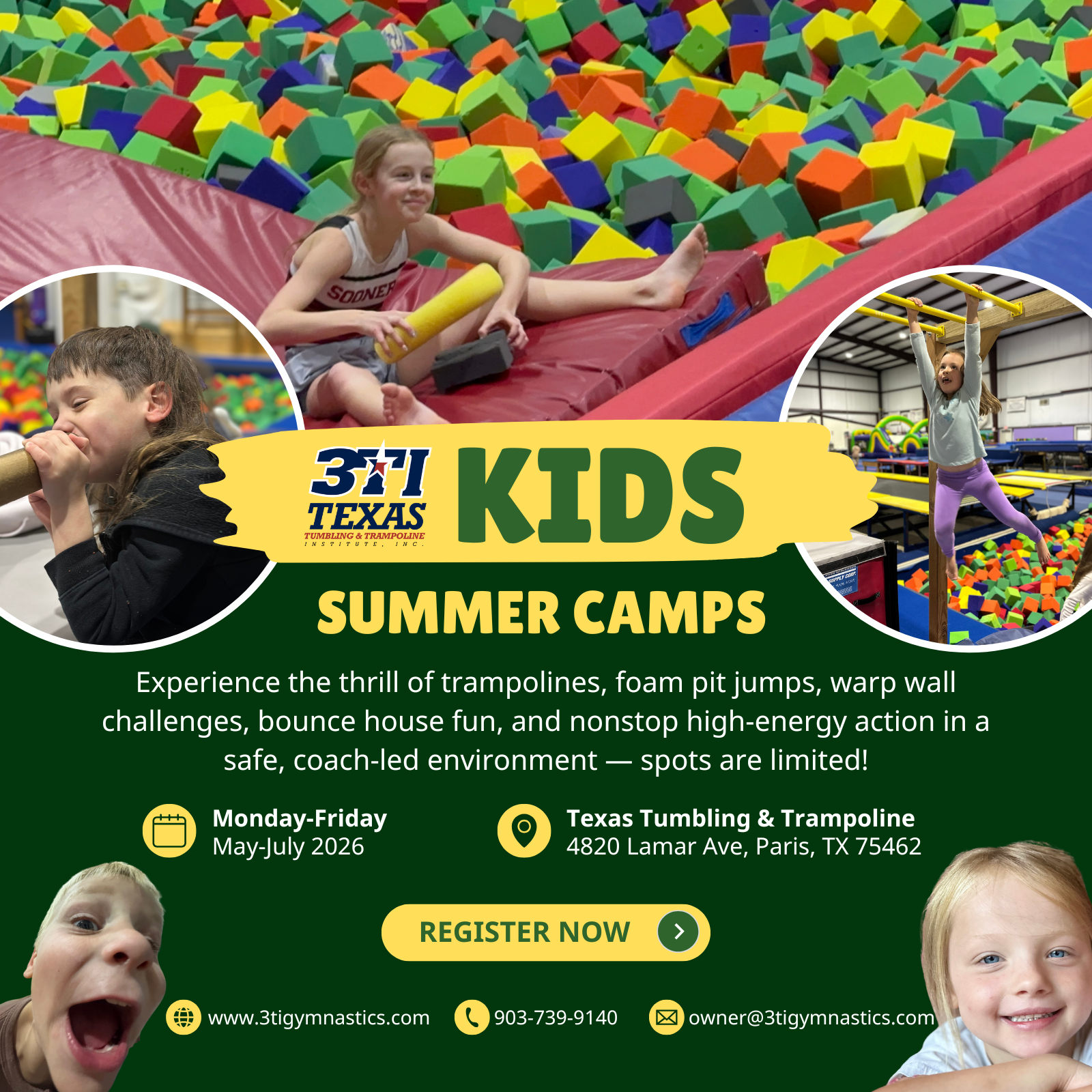Texas Tumbling & Trampoline Institute/3TI Facebook ad from Apr 5, 2026