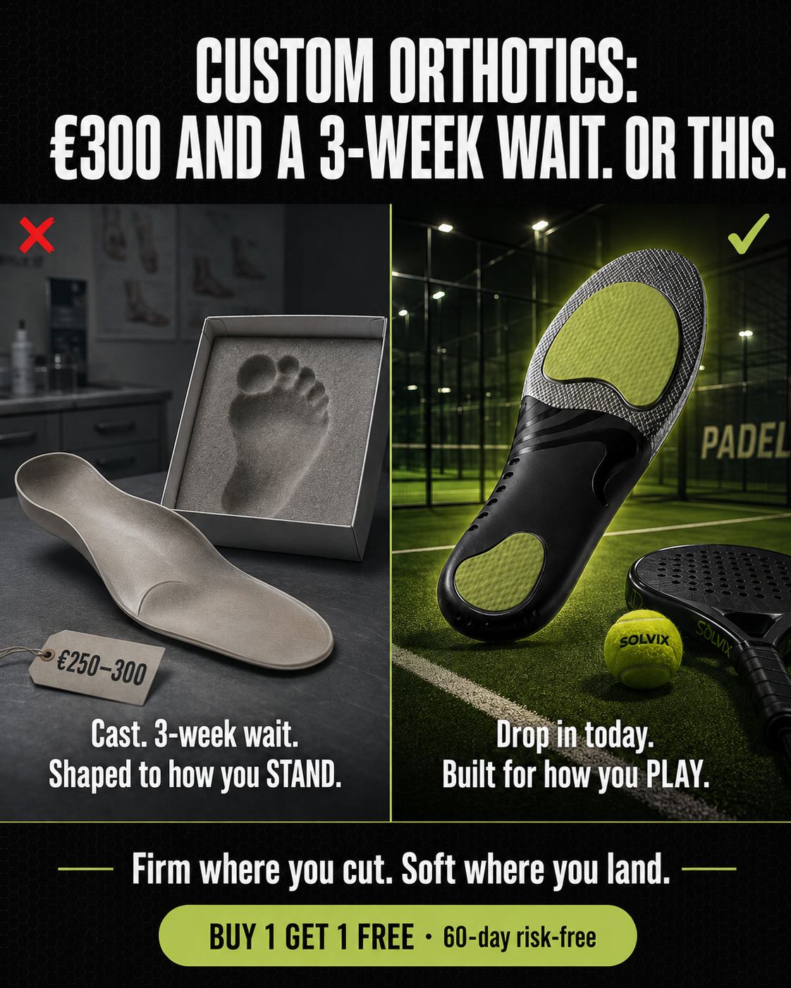 Solvix Facebook ad: Custom orthotics: €300, a cast, a 3-week wait. Or this.