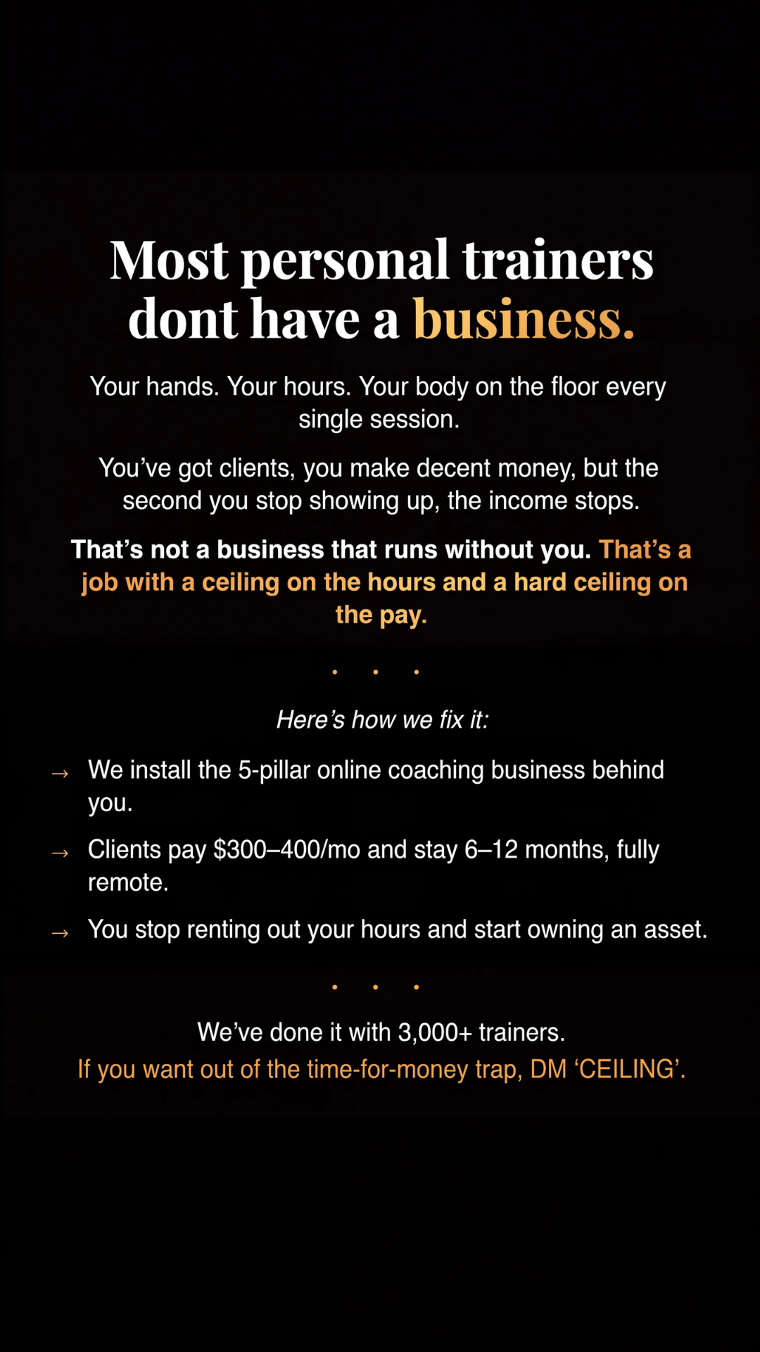 Personal Trainers Business Incubator Facebook ad: Most personal trainers are stuck trading hours for…