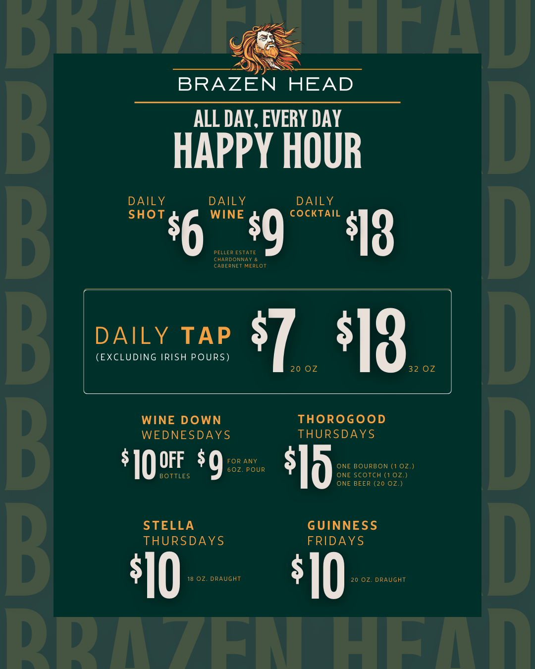 Brazen Head Facebook ad: Happy Hour at Brazen Head brings all-day deals together…
