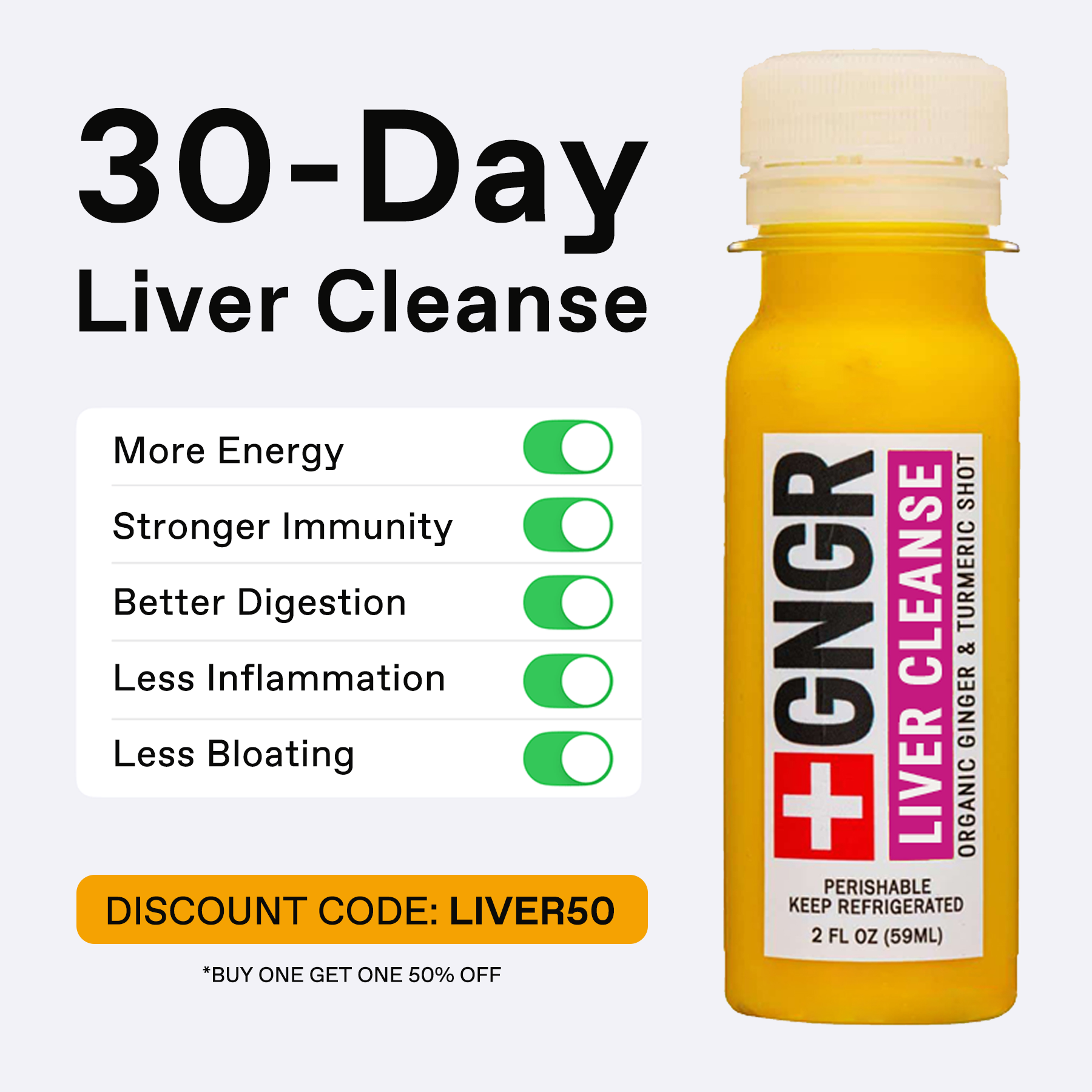 GNGR Labs Facebook ad: BUY ONE, GET ONE 50% OFF?!