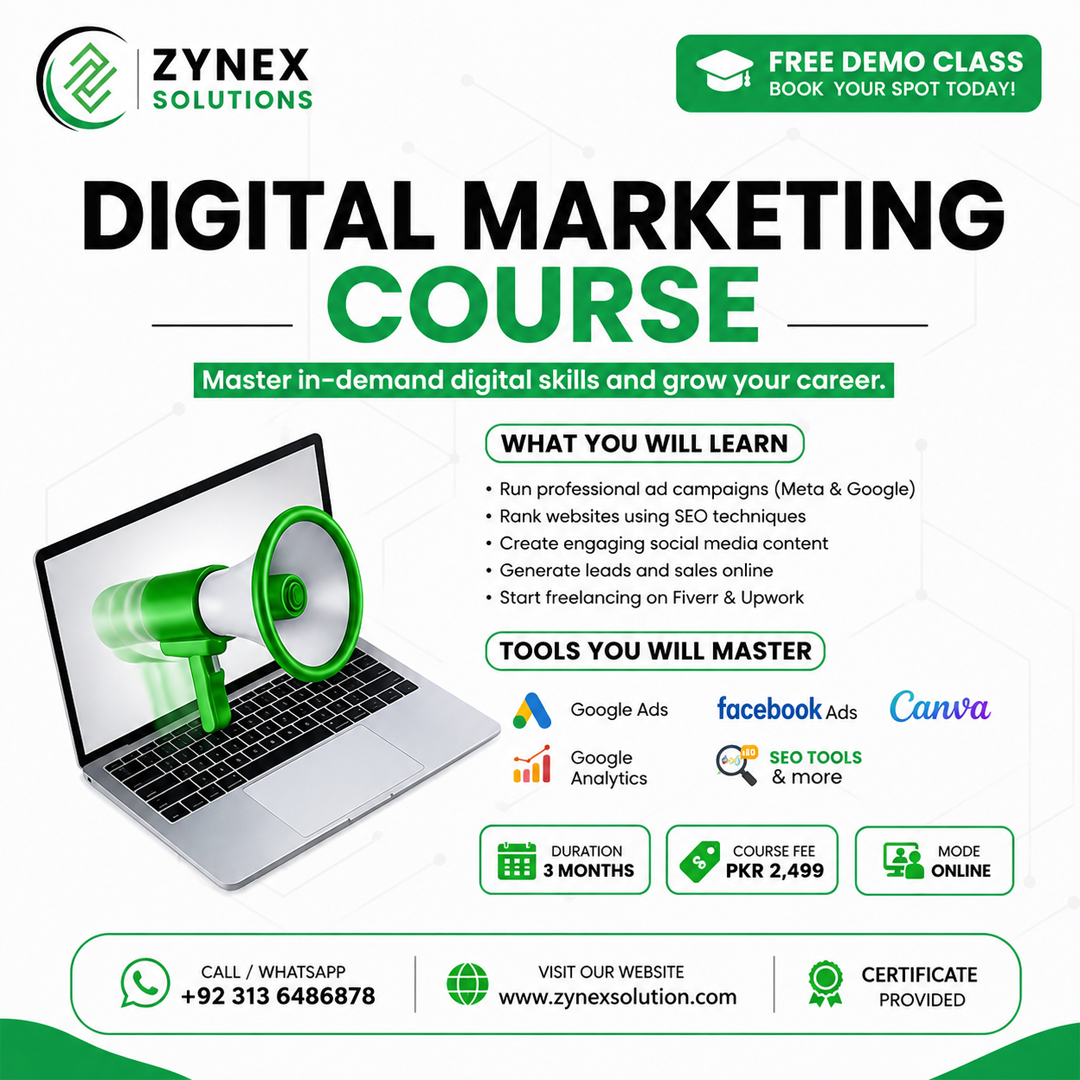 Zynex Solutions Facebook ad: Learn Digital Marketing, Free Demo Class Available