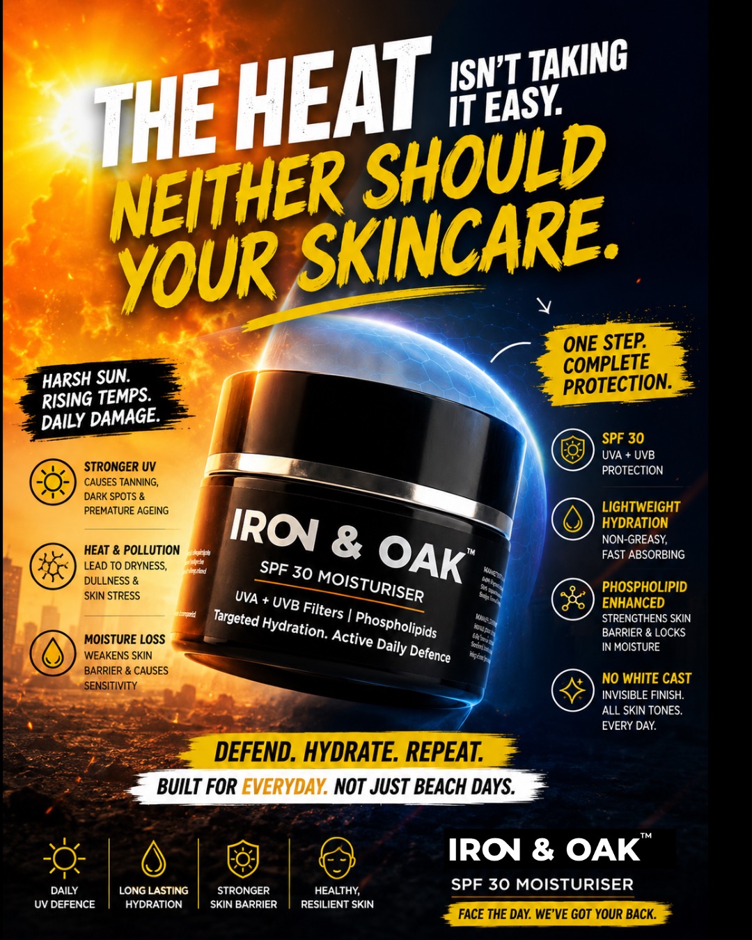 Iron & Oak Facebook ad: SPF 30 Moisturiser with UV Filters & Phospholipids - Iron…