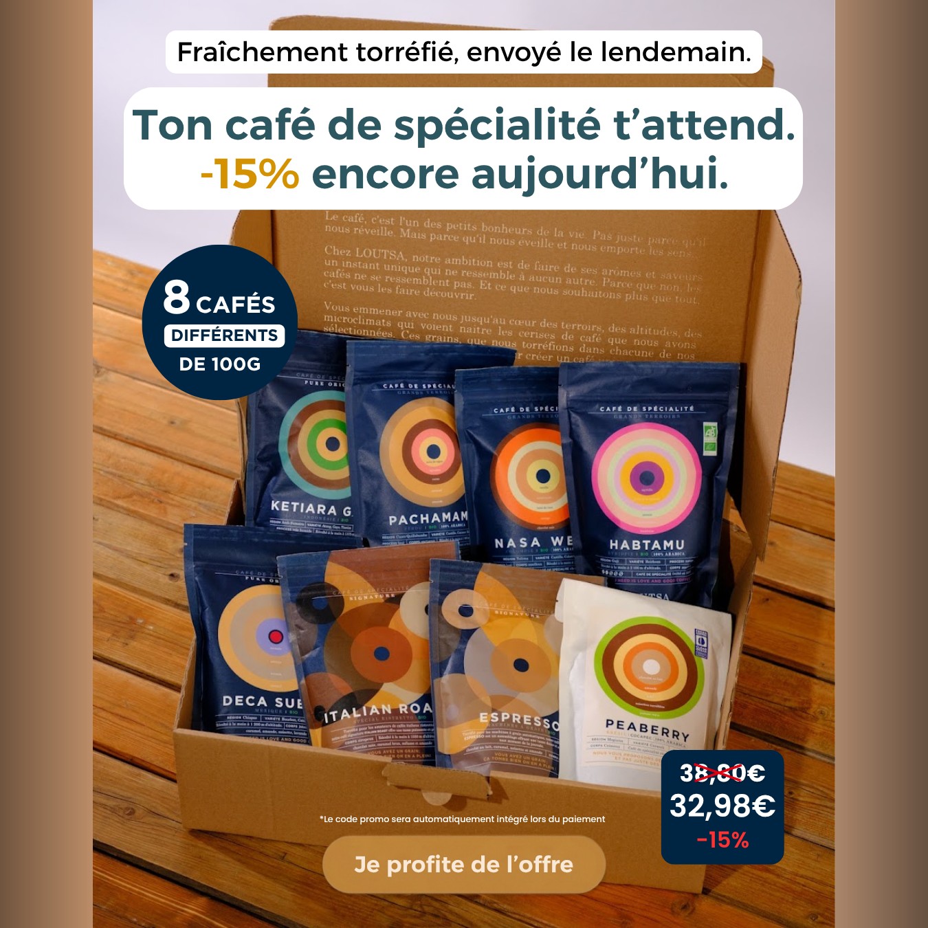 Loutsa Torréfacteur Facebook ad: Offre EXCEPTIONNELLE: -15% sur le coffret COULEURS CAFÉ