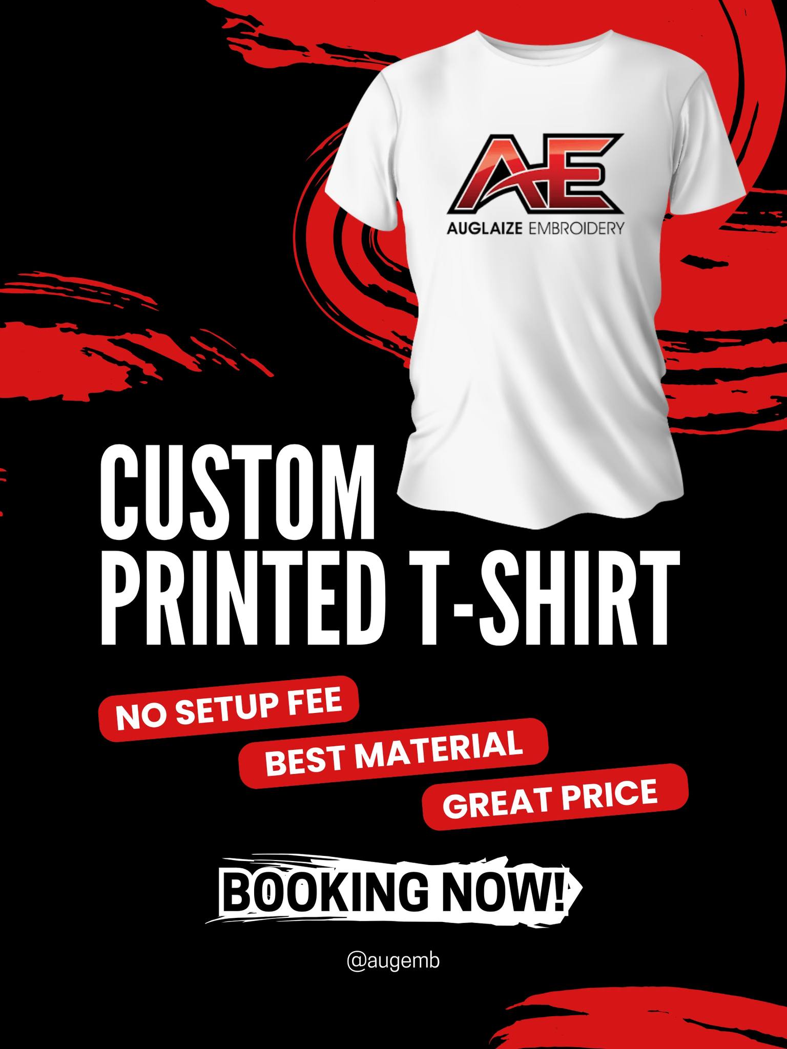 Auglaize Embroidery Facebook ad: Custom printed T-shirts with NO SETUP FEES all…