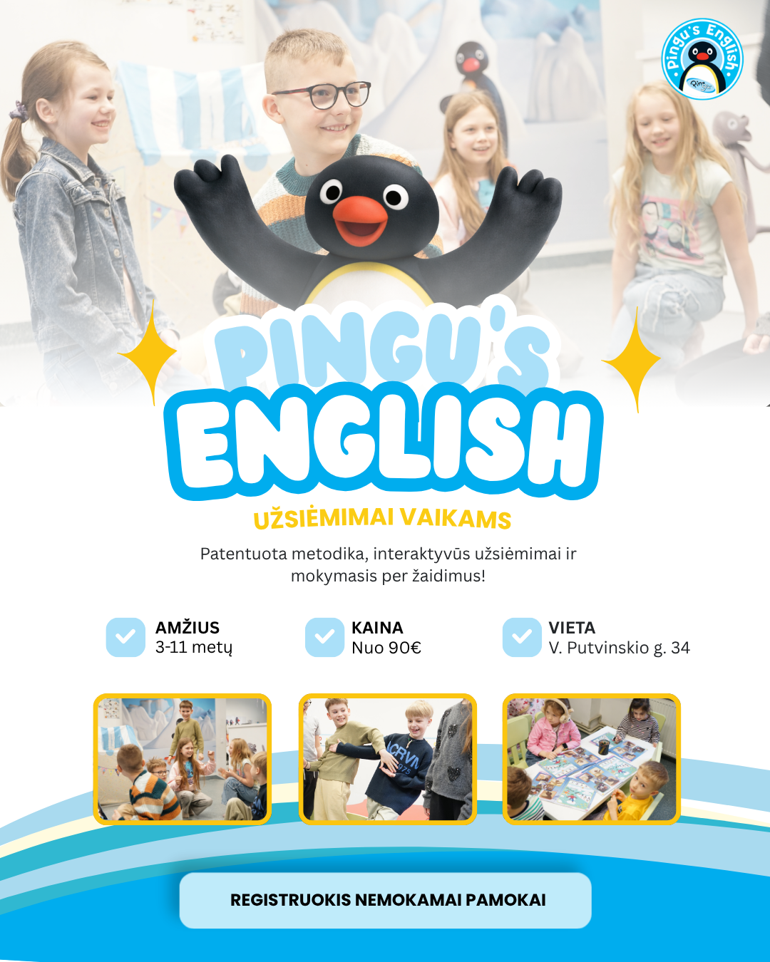 Pingu's English Kaunas Facebook ad: Anglų kalbos pamokos 3-12 metų vaikams Kaune