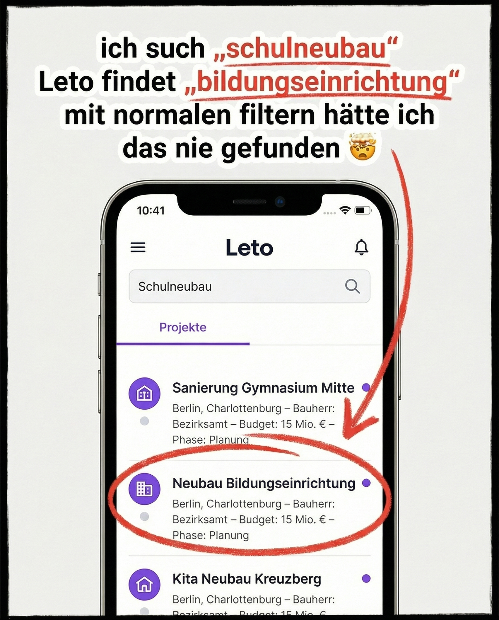 Leto Facebook ad: KI-Suche statt Keyword-Jagd.