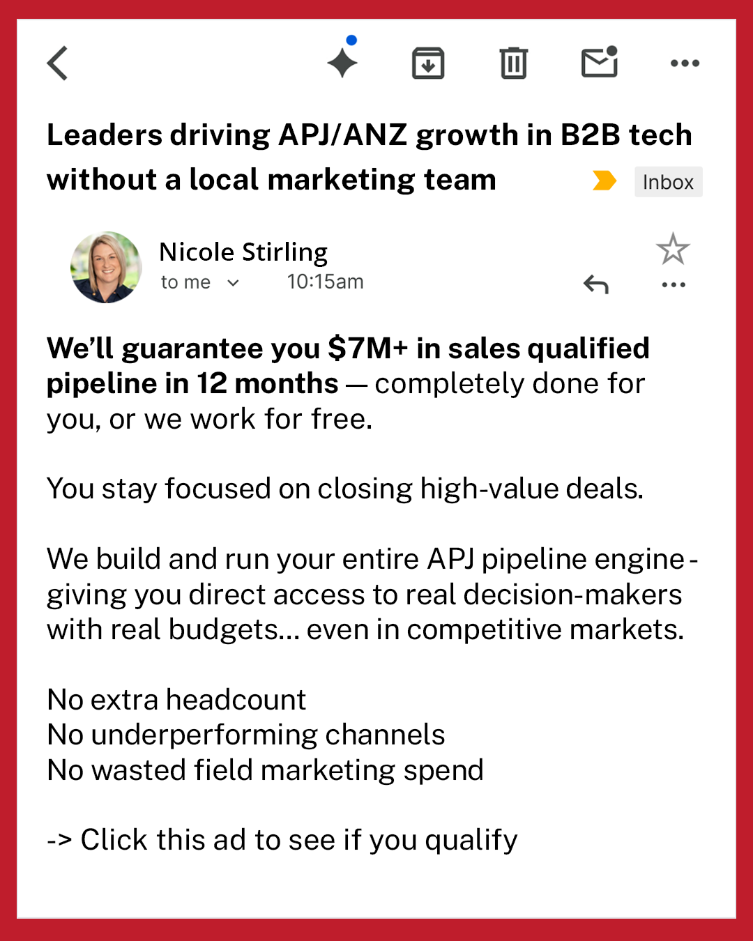 Stirling Marketing Facebook ad: Guaranteed $7M+ in sales qualified pipeline or we work for…