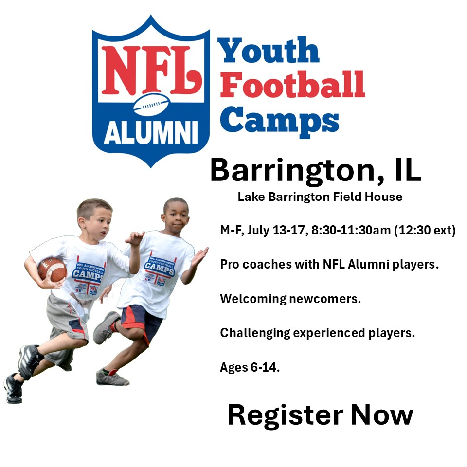 Chicago NFL Alumni Youth Football Camps Facebook ad: Barrington area families, a high-demand football…