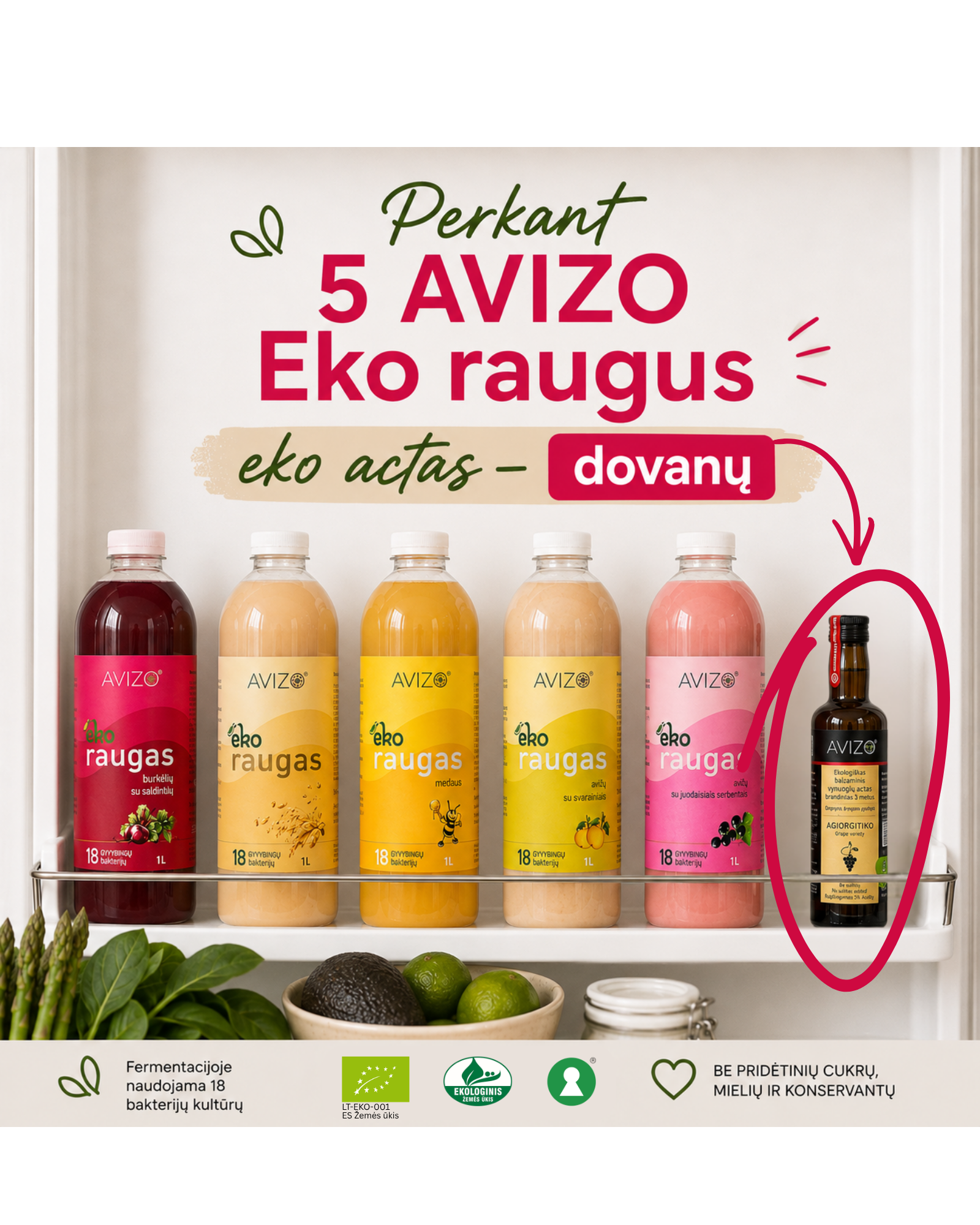 AVIZO Probiotics Facebook ad: 5 raugai + eko actas dovanų