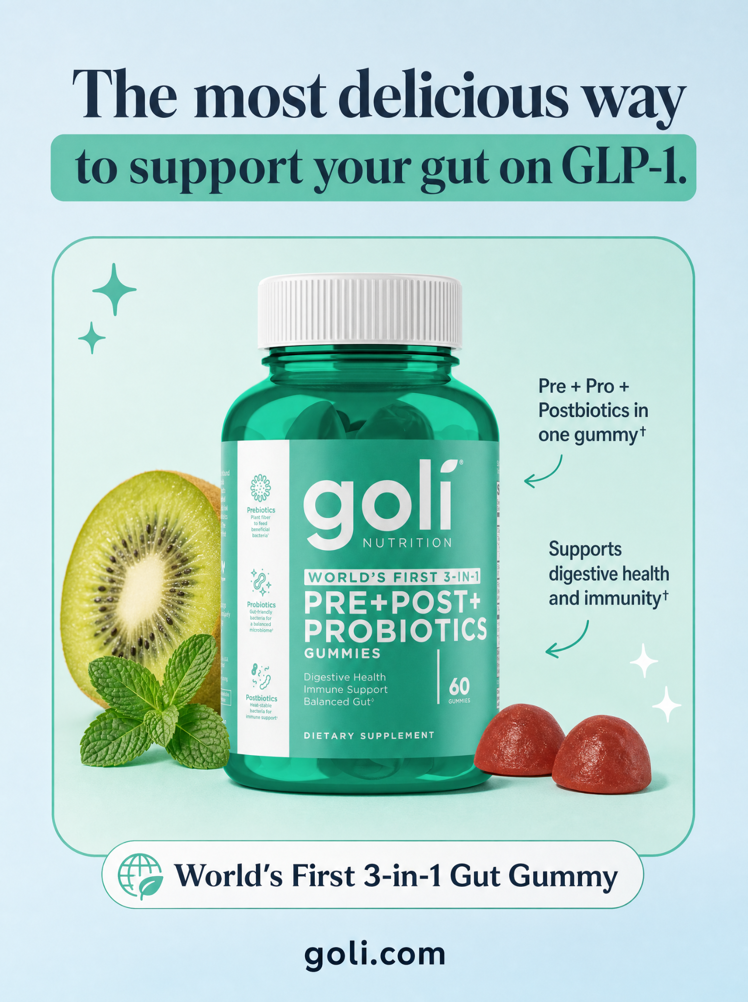Goli Facebook ad: World's First 3 in 1 Probiotic Gummy