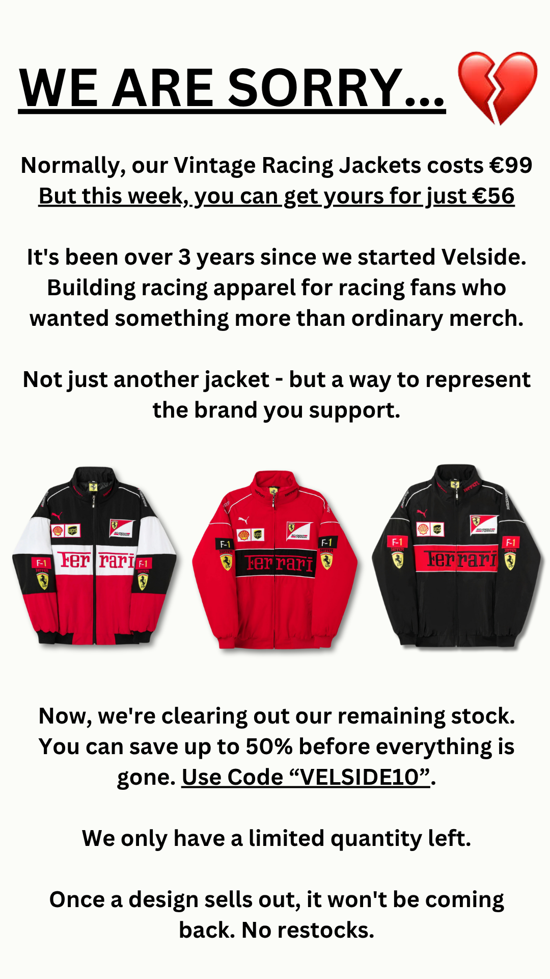 Velside Clothing Facebook ad: Now on SALE!